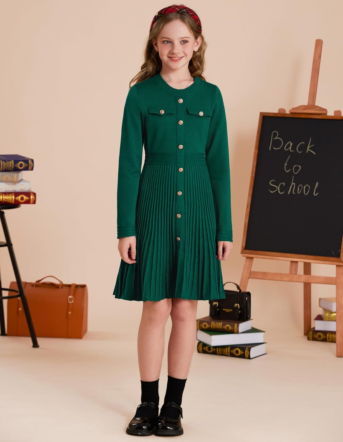 GRACE KARIN Girls Sweater Fall Dress Long Sleeve Knit Button Front Pleated A-Line Casual Winter Midi Dresses 5-14Y - Image 6