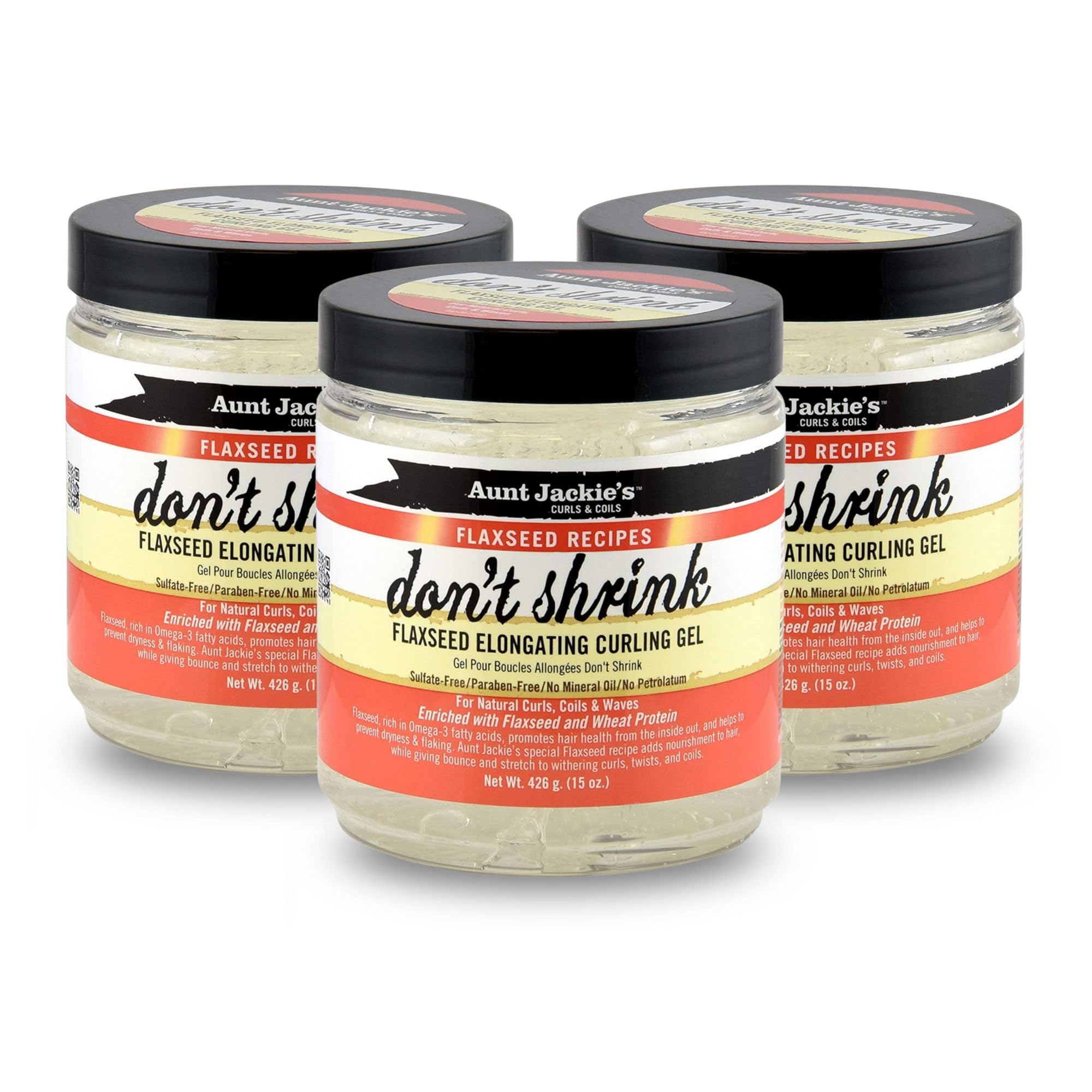 Aunt Jackie's Flaxseed Recipes Don't Shrink Elongating Hair Curling Gel for Natural Curls, Coils & Waves, Helps Prevent Dryness & Flaking, 15 oz Each,(Pack of 3)