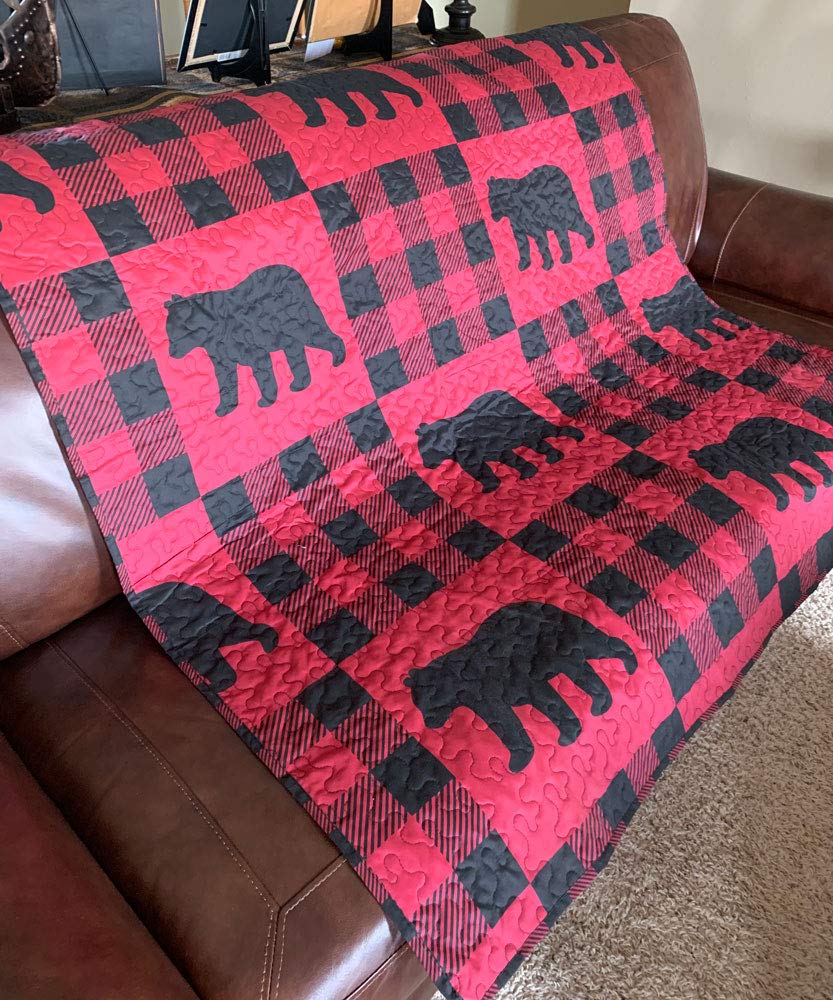 Virah BellaBuffalo Plaid Rustic Black Bear Quilt Throw Blanket (Red, Black)