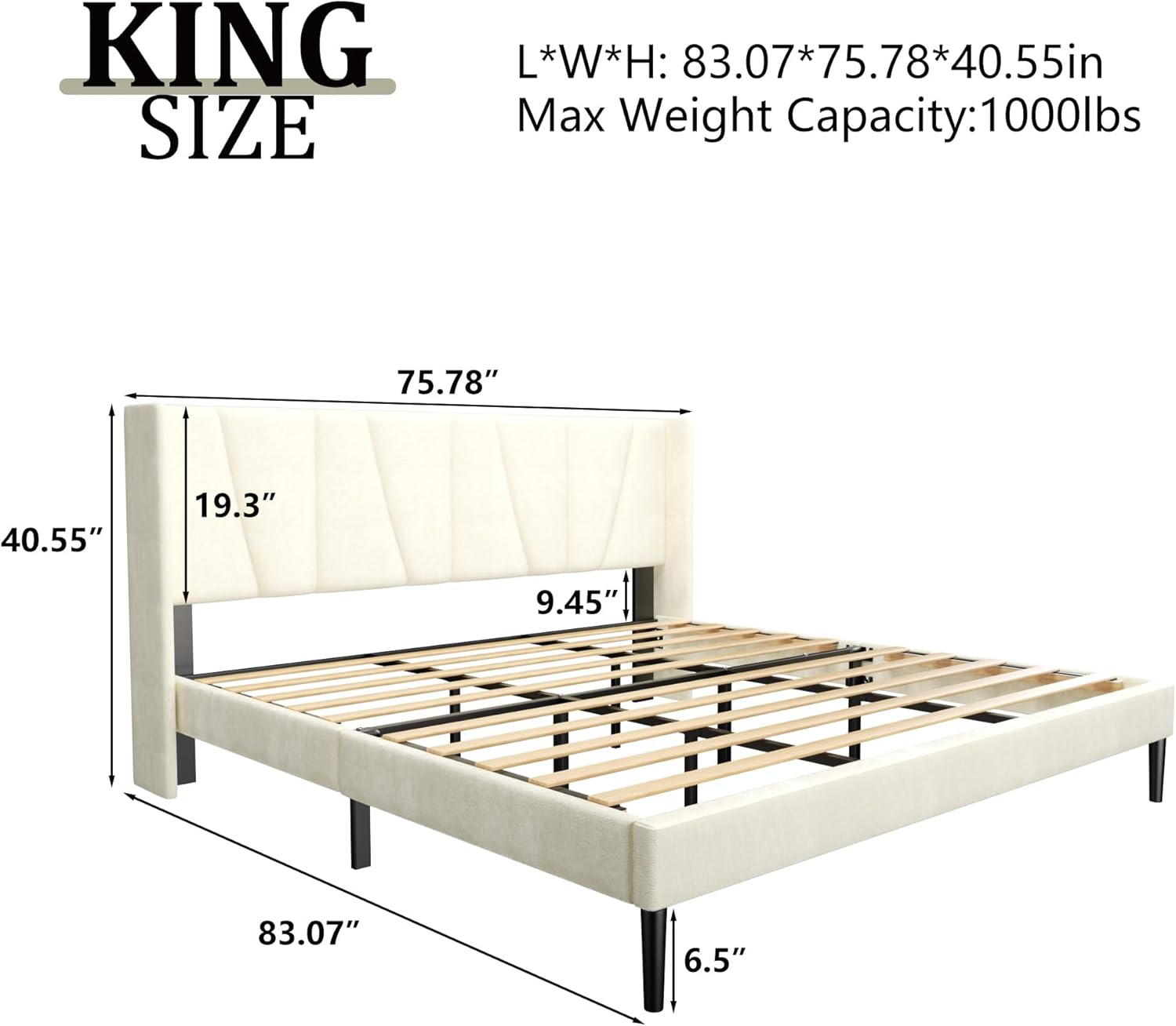 HAOARA King Bed Frame with Headboard, Velvet Upholstered Platform Bed Frames with Wingboard, Contemporary Mattress Foundation, Noise Free, No Box Spring Needed, Easy Assembly, Beige