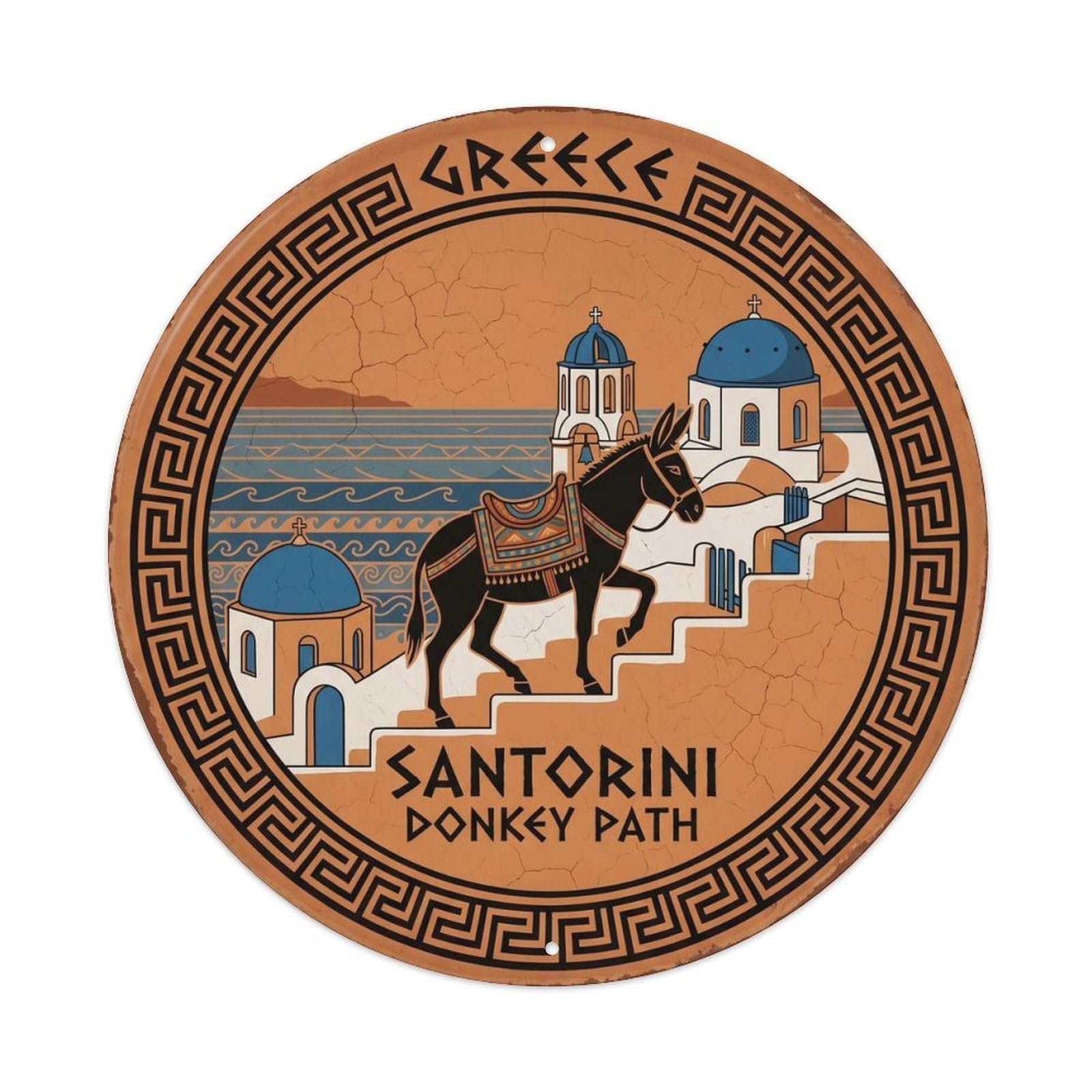 Vintage Travel Donkey Path Greece Metal Tin Sign Plaque Wall Decor for Cafe, Club, Garden Round Metal Poster 8x8Inch
