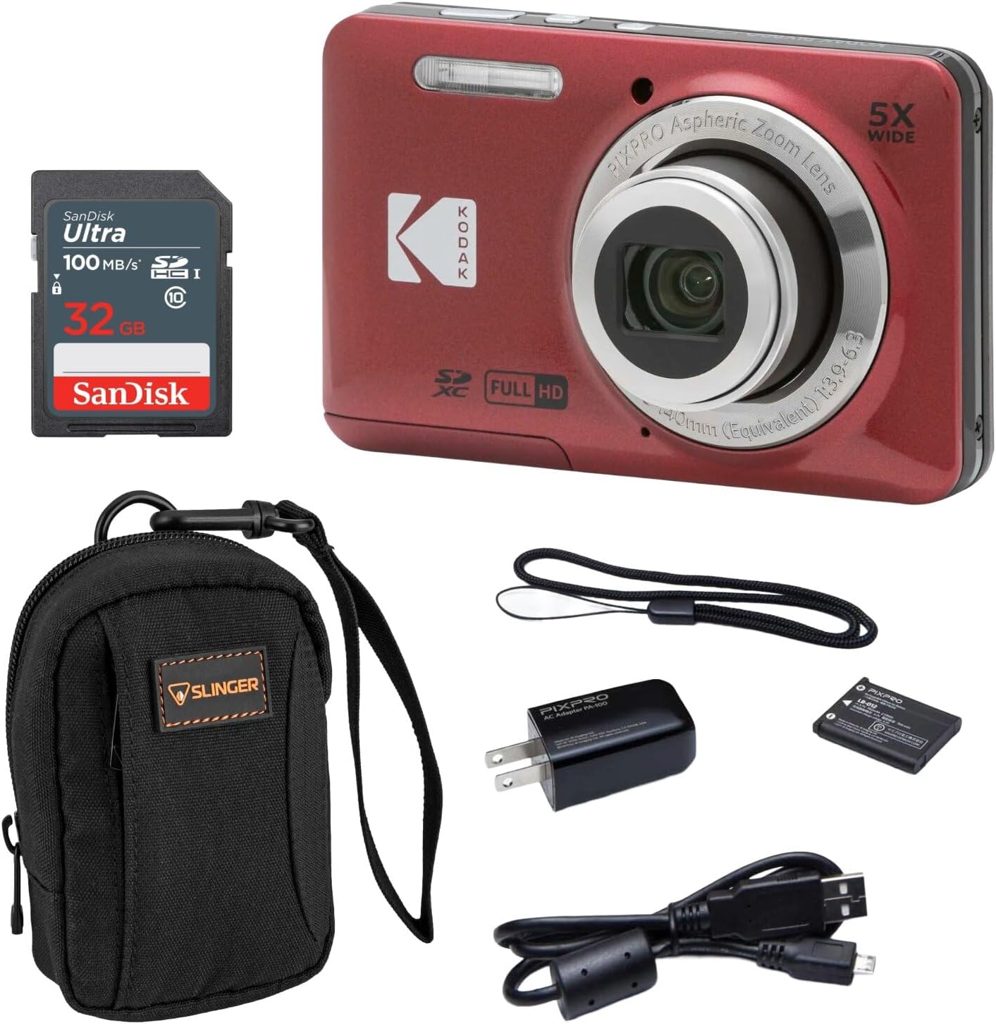 PIXPRO FZ55-BK 16MP Digital Camera 5X Optical Zoom 28mm Wide Angle 1080P Full HD Video 2.7" LCD Vlogging Camera. Bundle with SD Card and Slinger Camera Bag (Red)