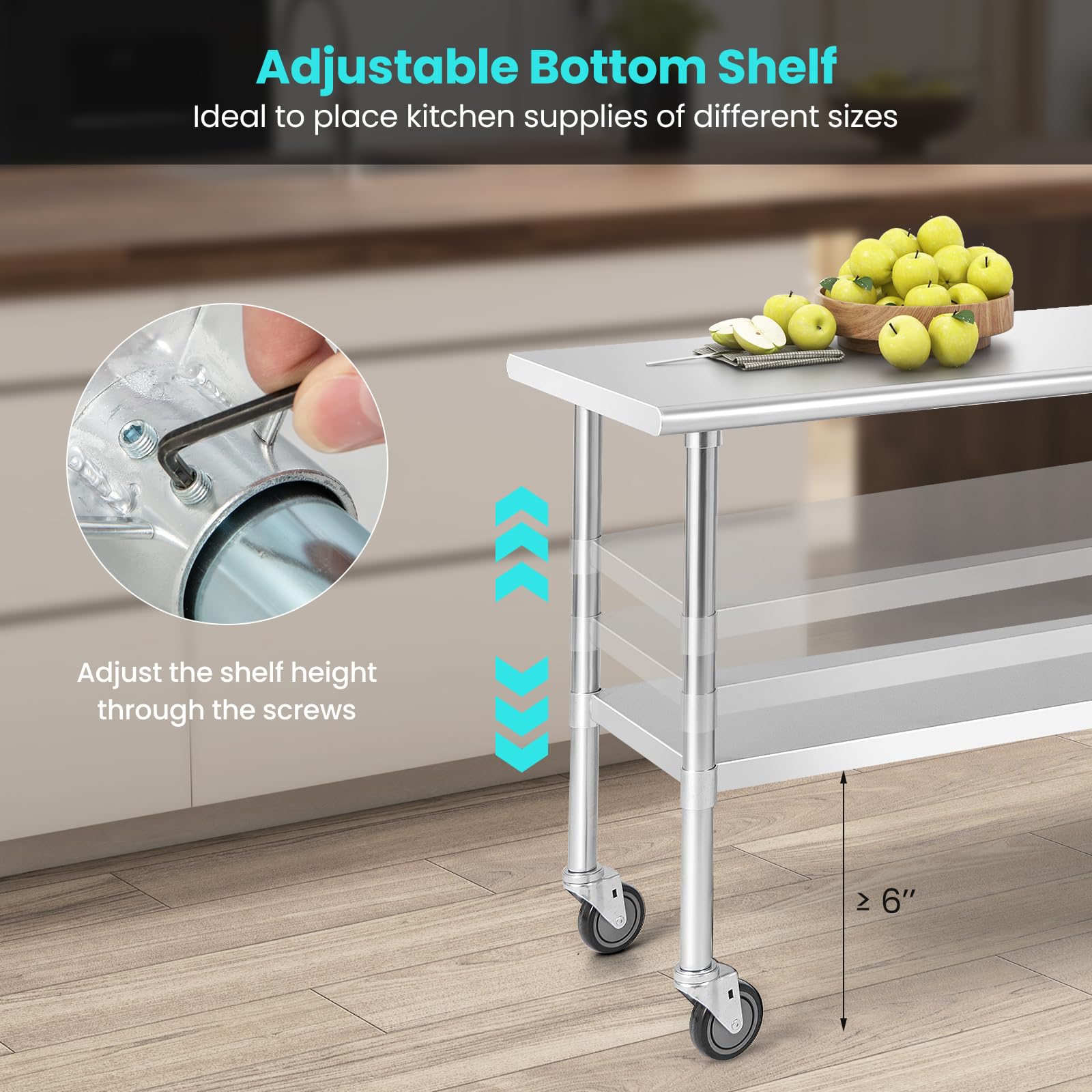 GIANTEX Mesa de Acero Inoxidable con Ruedas Universales, Carrito de Trabajo con Sobremesa Amplia y Estante Inferior Ajustable, Mesa de Preparación de Metal Móvil para Cocina, Restaurante