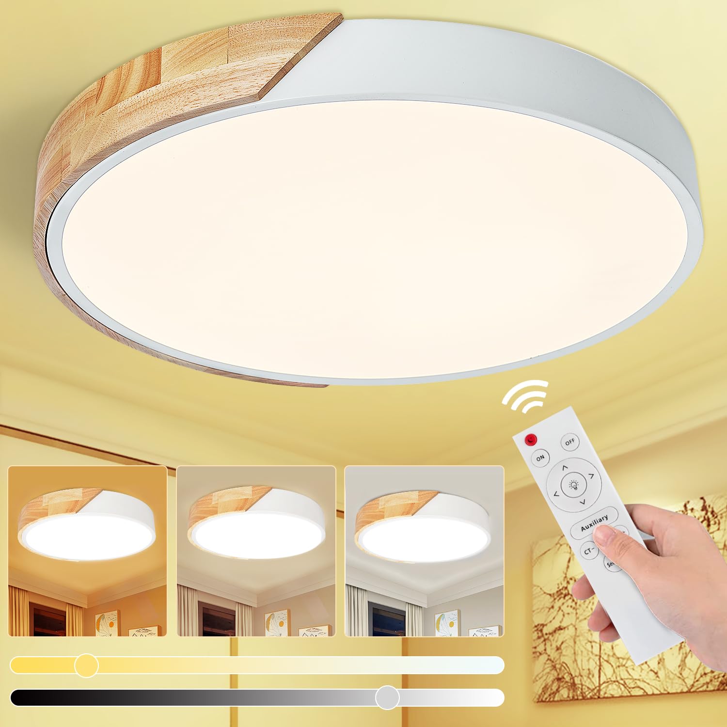 Glamexx24 Holz LED Deckenleuchte Deckenlampe Flach Rund Holz Lampe Ø50cm 3000-6000K 50W 4000LM dimmbar mit Fernbedienung für modern schlicht Schlafzimmer Wohnzimmer, Küche, Esszimmer