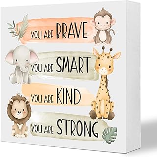 LCTXIYCROS Positive Affirmations Wooden Box Sign, Inspirational Quotes Plaque Sign for Home Desk Shelf Table, Safari Animal Watercolor Decor for Bedroom Classroom Nursery Playroom – You Are Brave, Smart, Kind and Strong (5x5 Inches)