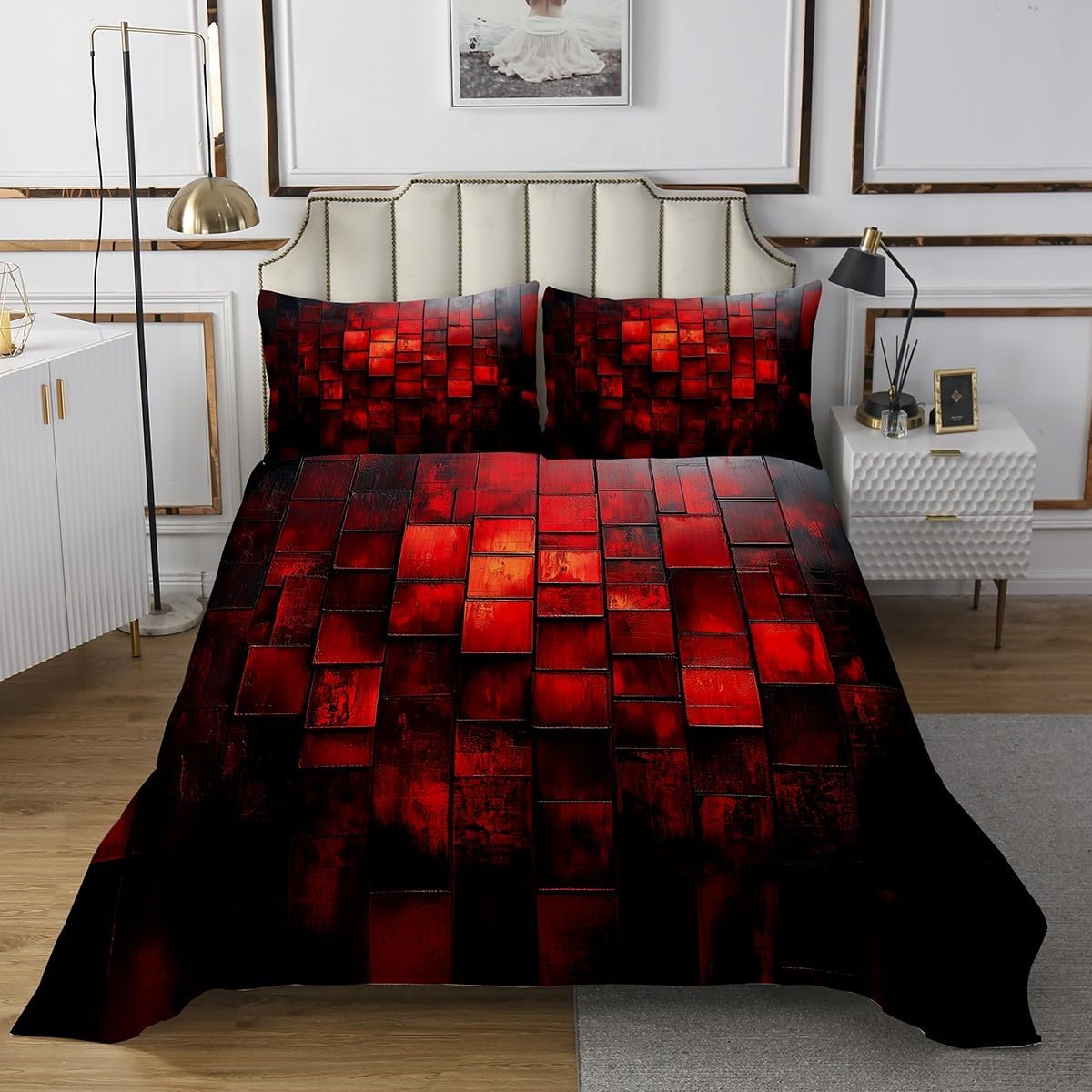 jejeloiu Red Black and White Bedspread King Size Kids Abstract Geometric Coverlet Set Teens Modern Minimalist Quilted Coverlet Breathable Soft Lightweight Room Decor