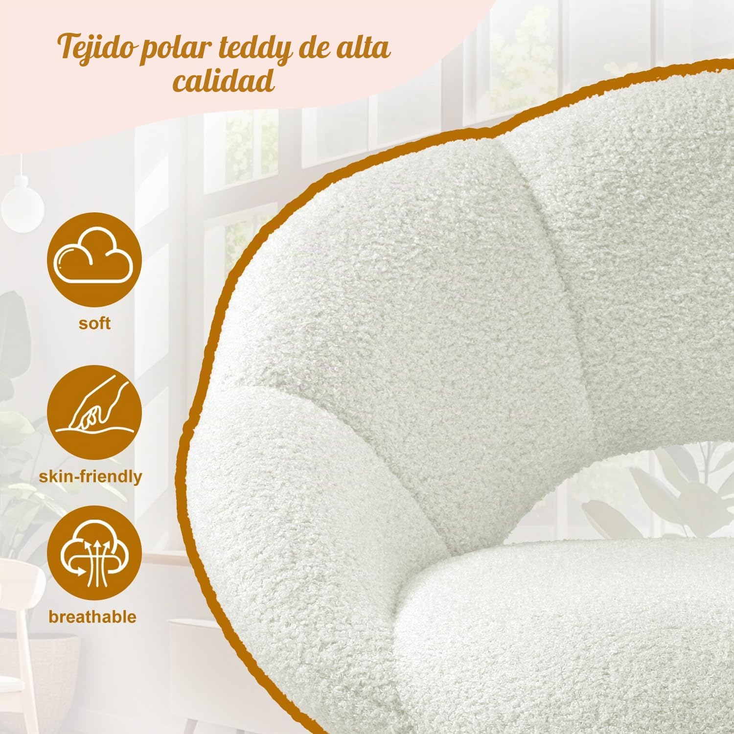 Silla de tocador de Tela de Peluche, sillón Relax y de Lectura, Forma de Flor, sillón de Lujo para Estudio, Dormitorio, Sala de Estar, balcón，Beige