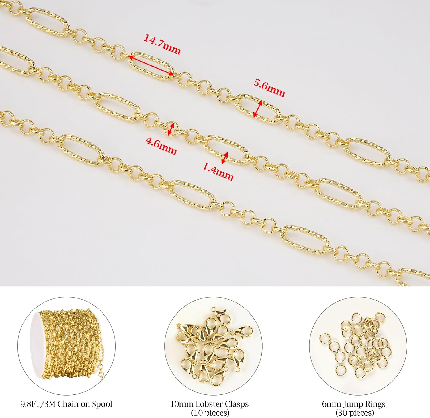 3 Meters Mixed Material Chain Roll 18K Gold Plated Circle Chains Bulk Embossed Paperclip Jewelry Links for Women Men DIY Handcraft Finding Jewelry Supplies