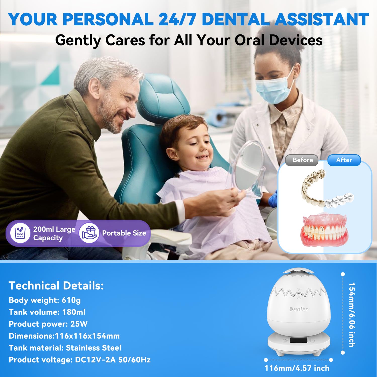 Ultrasonic Retainer Cleaner Machine for Dentures | 45kHz Dental Cleaning Pod for Aligner, Nightguard, Braces, Jewelry, Watch, 3 Timer Modes - with Cooling Fan & Removable Base