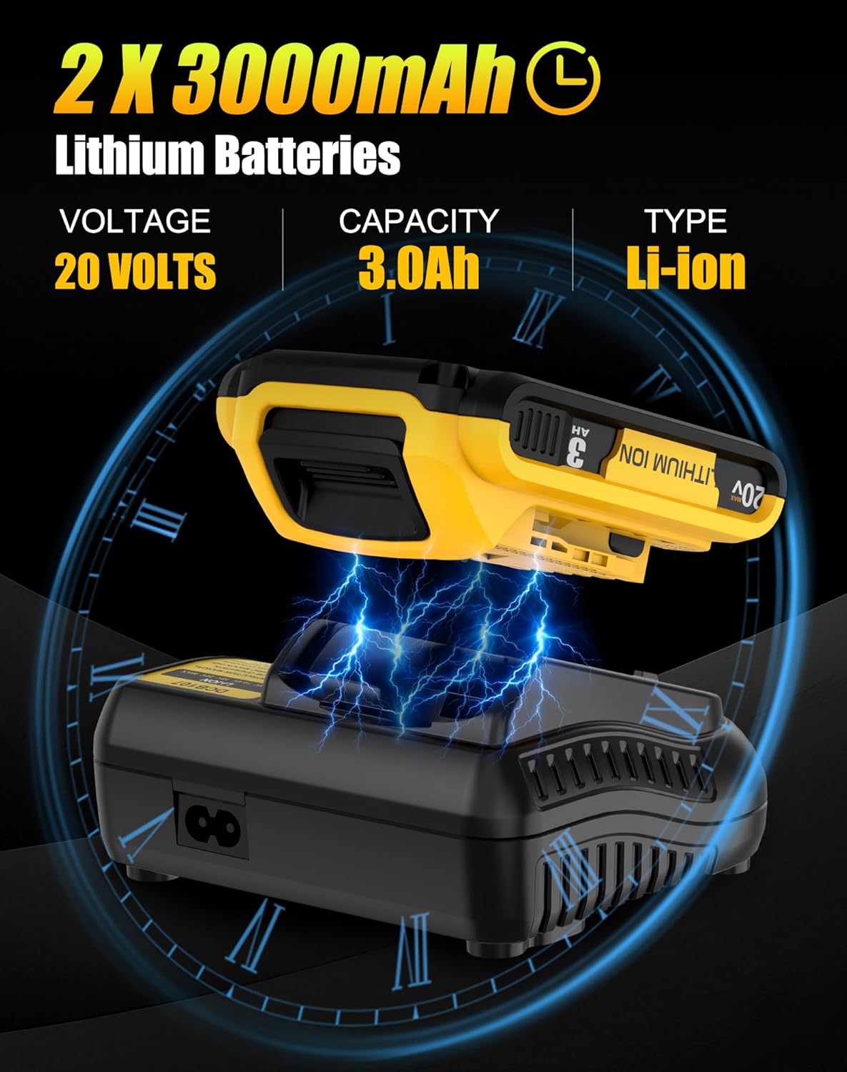 2Pack 3.0Ah Battery Replacement for Dewalt 20V Max Battery with DCB107 Charger Combo Compatible with Dewalt 20V Cordless Power Tools
