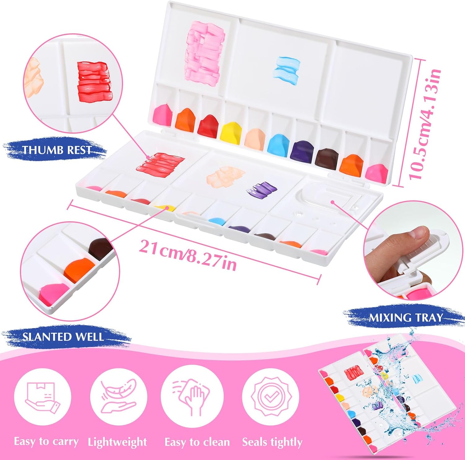 Kosiz 12 Pcs Watercolor Paint Palette Bulk Folding Painting Tray with 20 Wells 5 Mixing Areas Plastic Watercolor Painting Palette Thumbhole and Brush Paint Case for Art Classes and Students