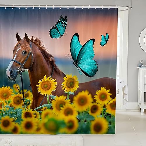 Miniatura 2 de Cortina de ducha de caballo amarillo con girasoles, para niños y niñas, mujeres, juego de baño 3D de caballo salvaje, decoración de mariposa verde
