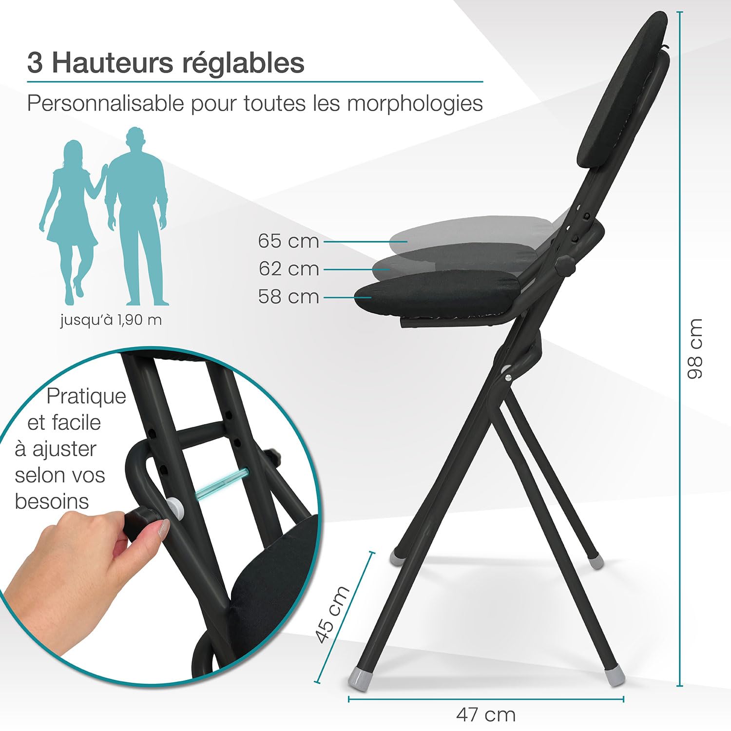 ELONEO Chaise Pliante Rembourrée - Tabouret Pliant Antidérapant, Ergonomique pour Le Dos, Siège Compact, Réglable sur 3 Hauteurs (58-65 cm), Charge Max 120 kg, 45x98x47 cm (Noir)