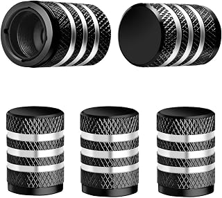 DECURCAR 5-Pack Black Metal Tire Valve Stem Caps - Corrosion Resistant, Leak-Proof with Plastic Liner for Cars Trucks SUVs Bikes