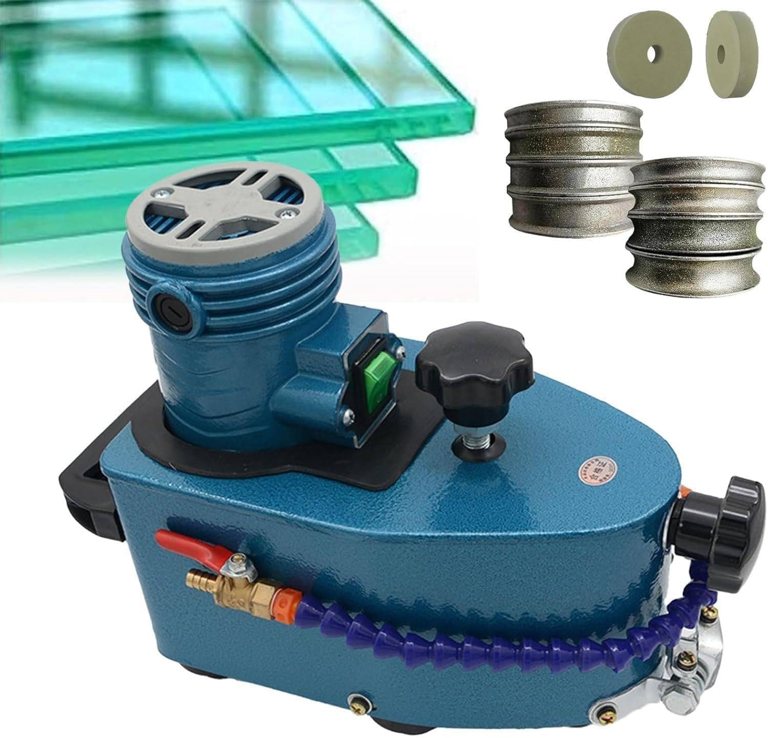 Portable Small Glass Edger, Electric Glass Edging Machine, DIY Diamond Glass Art Corner Grinding Edging Machine W/8 Diamond Wheels and Two Polishing Wheels Blue