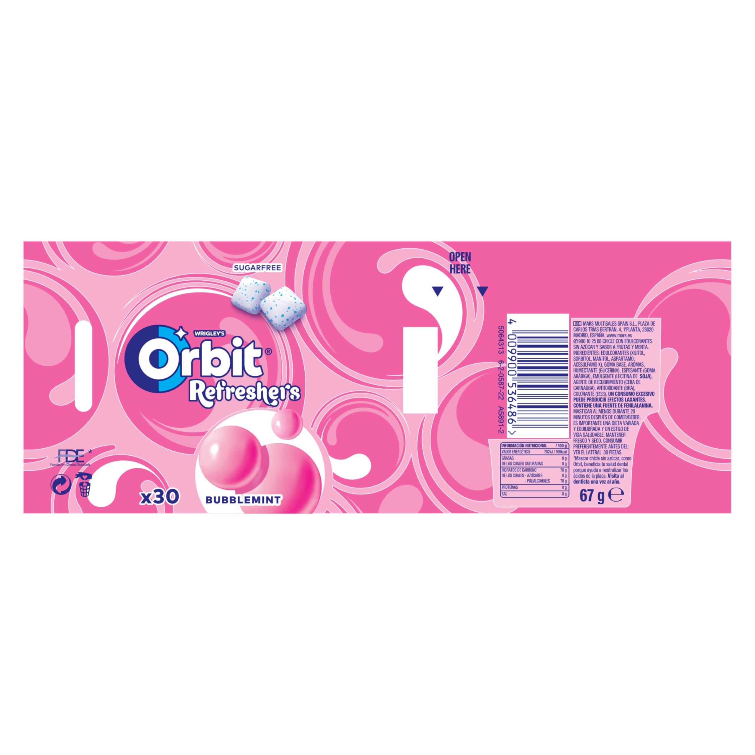 Orbit Refreshers, Bote de Chicles Sin Azúcar Sabor Bubblemint que proporciona frescura inmediata en formato gragea (6 x 30 chicles)