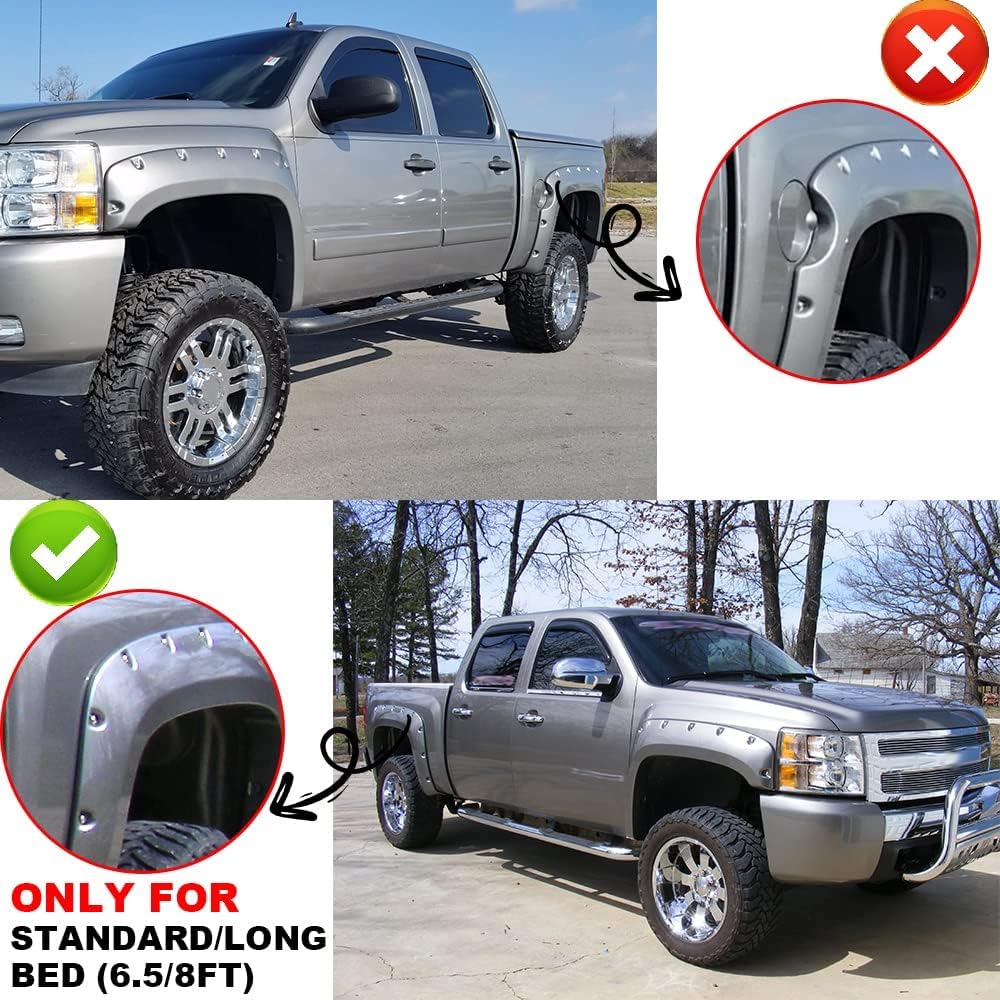 GRAND ORANGE Fender Flares Compatible with 2007-2013 Chevy Silverado 1500/2007-2014 Chevy Silverado 2500HD 3500HD 78.0"/97.6" Long Bed Pocket Rivet Style Wheel Cover