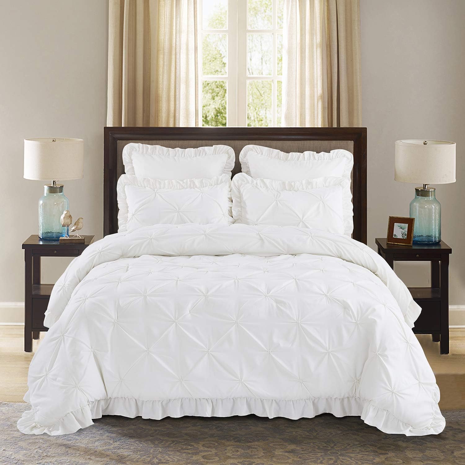 HIG 5 Piece Comforter Set Queen-Ivory Color Microfiber Pinch Pleat Scallop Fringe-Hania Bedding Collection Queen Size-Soft, Breathable,Fade Resistant-1 Comforter,2 Standard Shams,2 Euro Shams