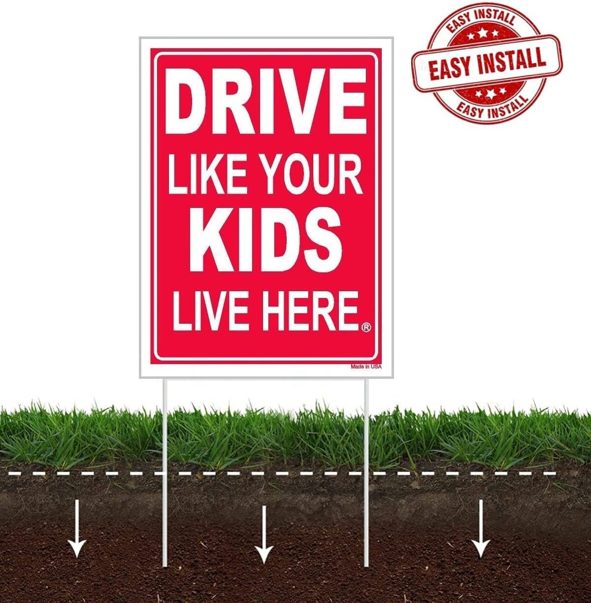 Drive Like Your Kids Live Here Yard Sign (4 Pack) Red/White Double Sided + Metal Stand