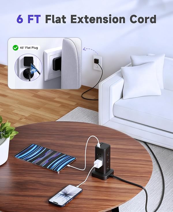 Tower Power Strip with PD 30W Fast-Charging Port, 12 Outlets, 4 USB Ports (2 USB-C), 1800J Surge Protector, Charging Station for Multiple Devices,6FT Extension Cord, Black, Home Office Essentials by TAGZILO - Used condition - Image 4