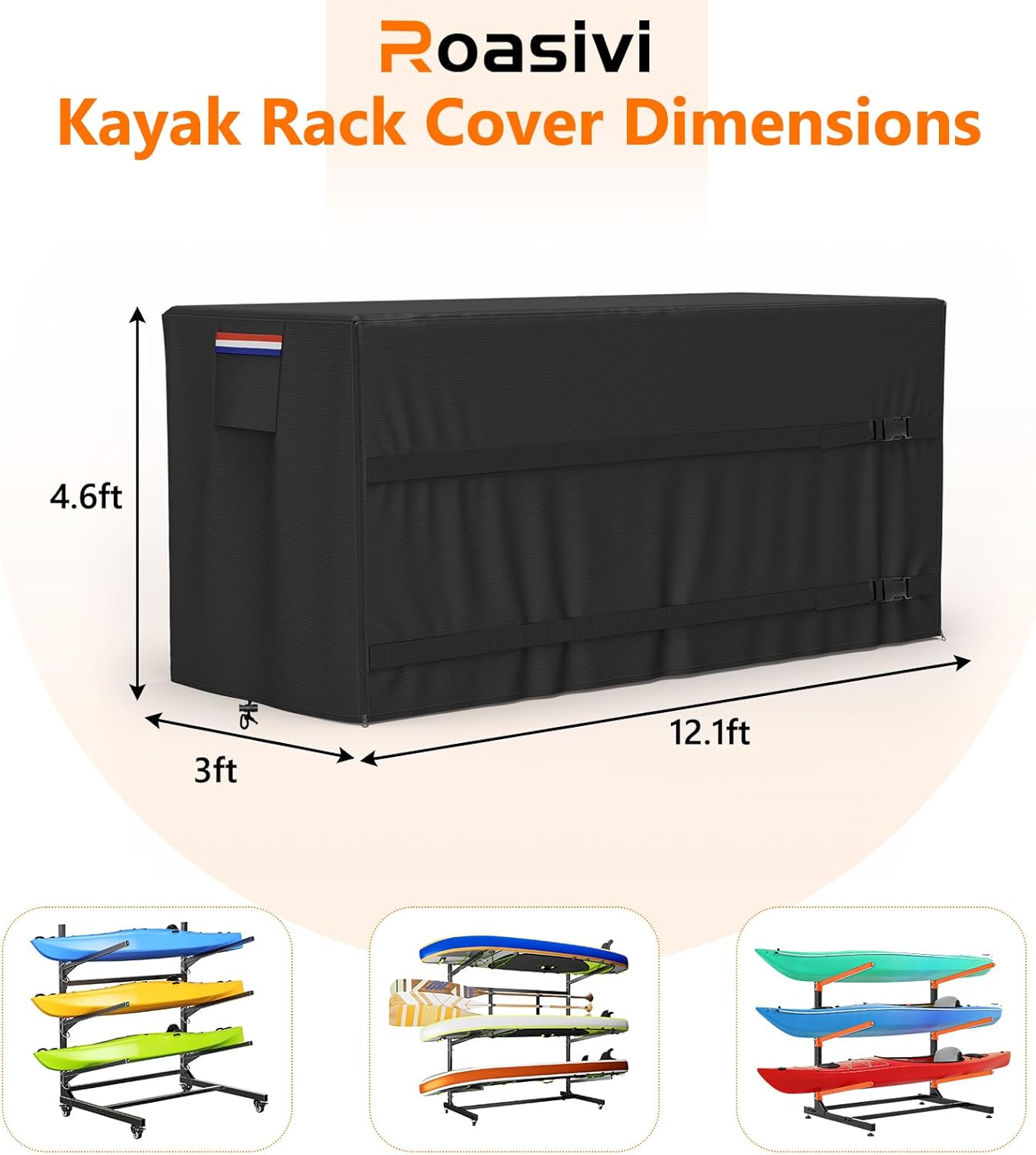 Kayak Rack Cover 12.1'L x 3'W x 4.6'H Black Comprehensive Protection, Suitable for 2-4 Levels Freestanding Kayak Racks, for Garage/Outdoor, Durable & Tear-Resistant