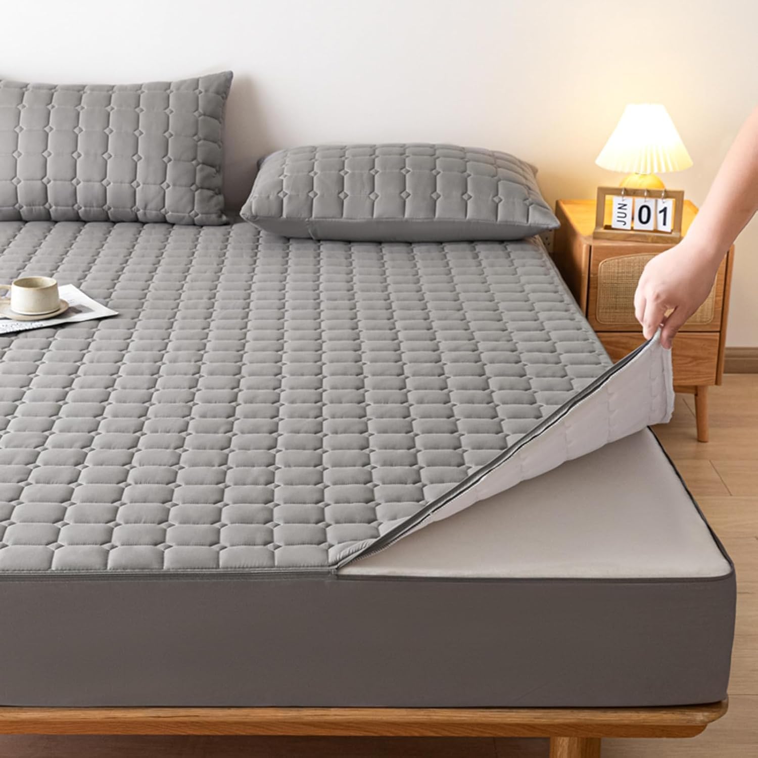 Weicher, waschbarer, wasserdichter Matratzenschoner, verdickt, grau, 200 x 220 + 15 cm, ideal zur Linderung von Allergien und Flecken.