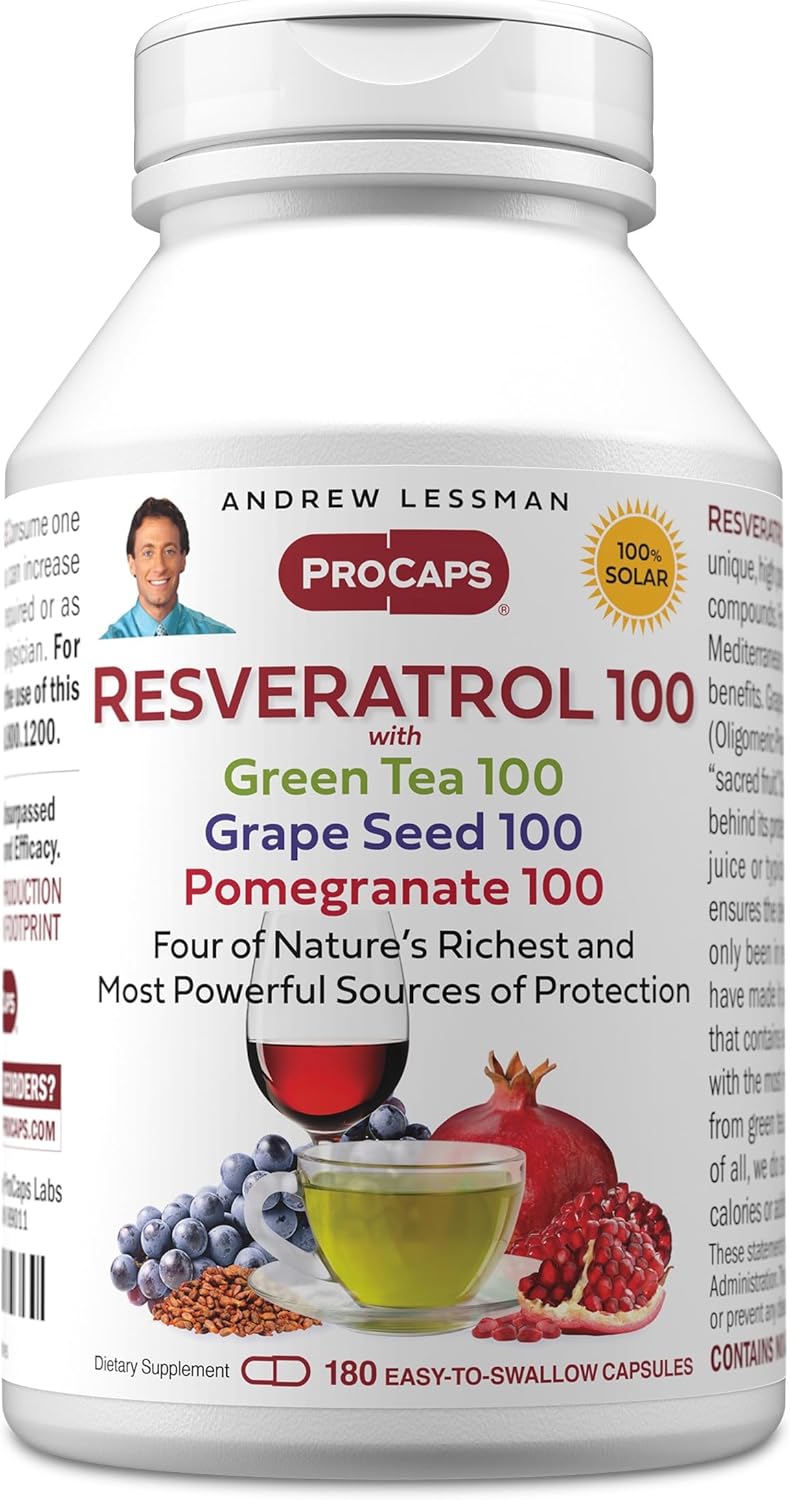 ANDREW LESSMAN Resveratrol-100 with Green Tea 100 Grape Seed 100 Pomegranate 100mg - 180 Capsules - Four Powerful, Protective Anti-oxidants.