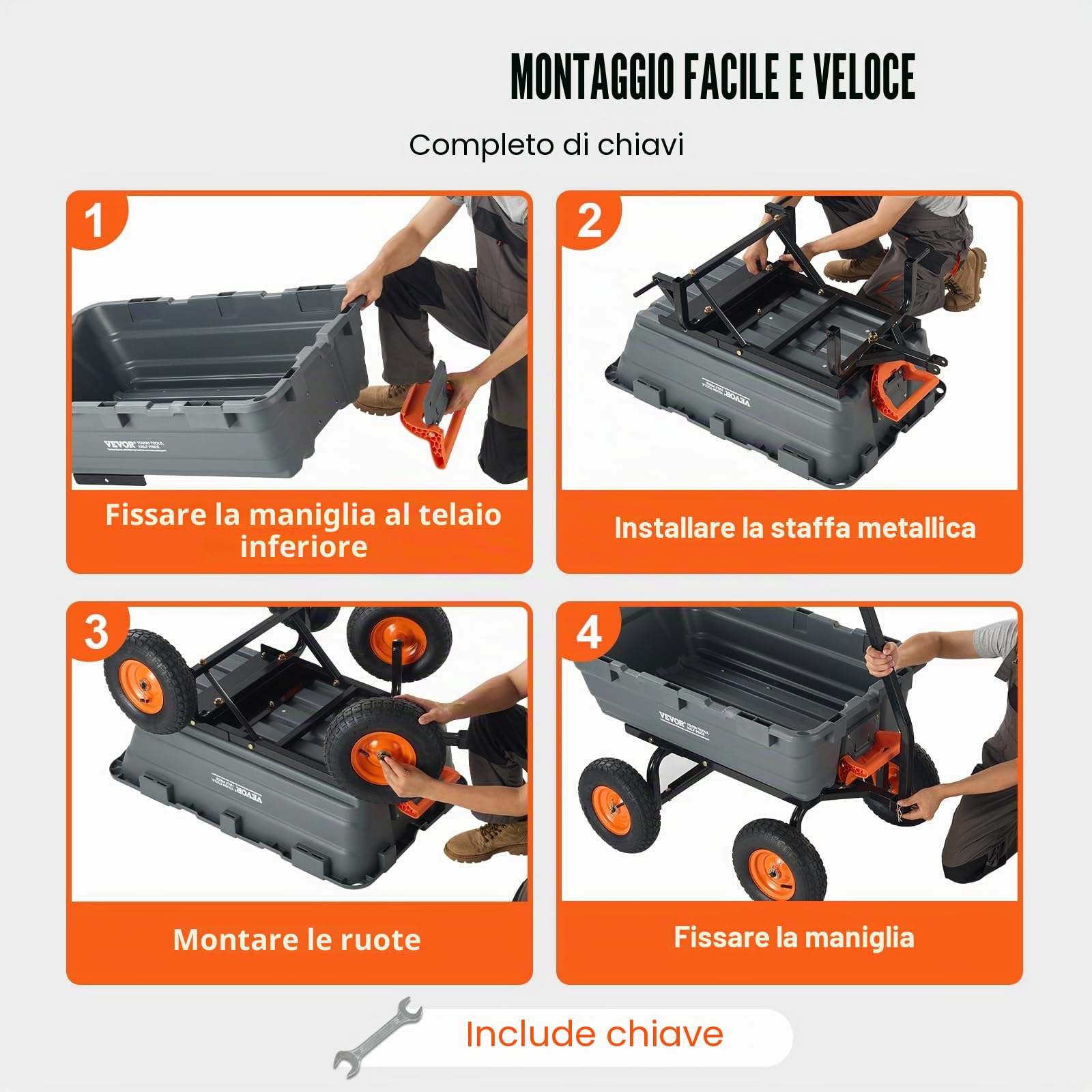 VEVOR Carrello Ribaltabile 1025 x 640 x 280 mm Carrello Ribaltabile da Giardino in polietilene, Telaio in Acciaio Facile Montare, Maniglia Convertibile 2 in 1, Capacità 544,31 kg Pneumatici 330,2 mm