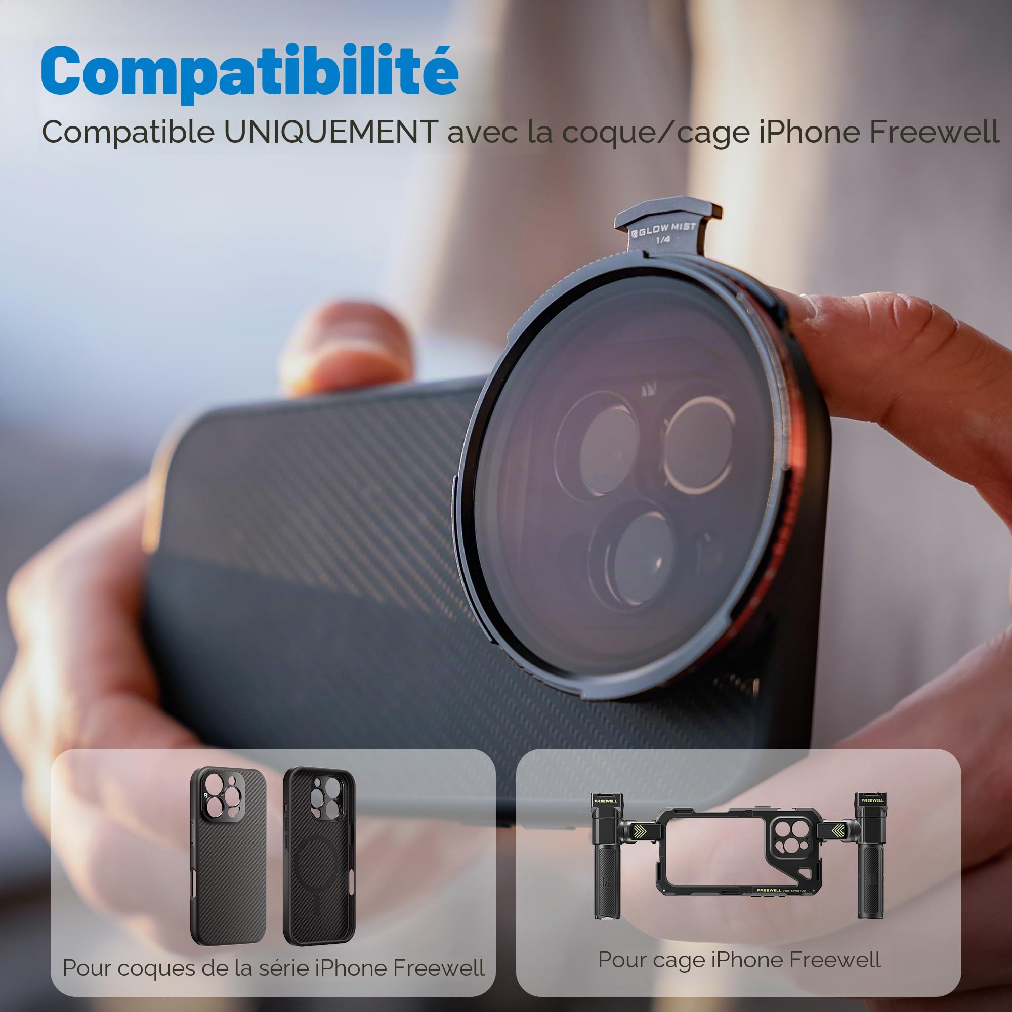 Filtre magnétique Freewell Pro Hybrid 1 à 10 arrêts Variables ND/CPL avec ND32, dégradé Doux 1.2, Black Glow Mist, Compatible avec Coque Freewell et Cage iPhone.