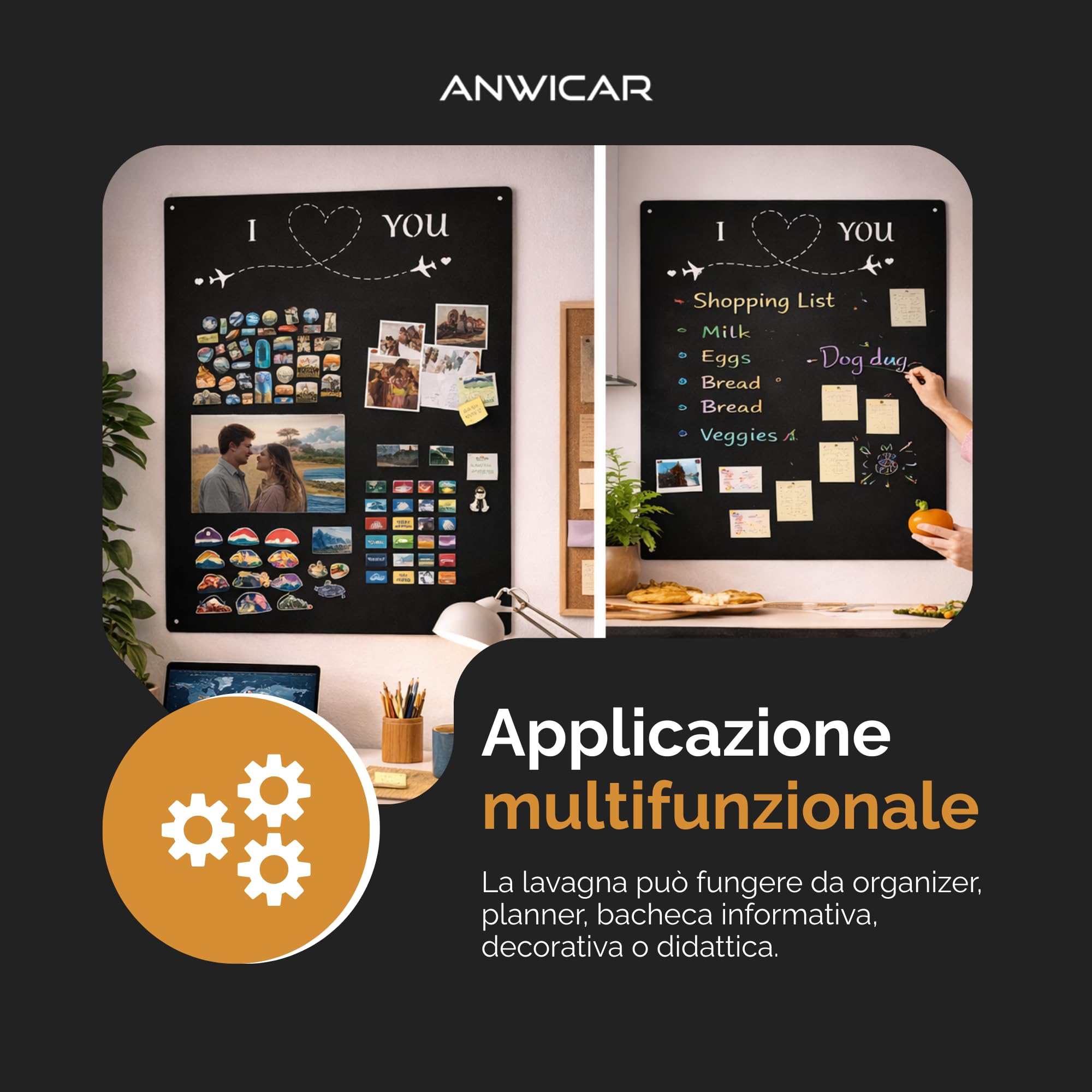 Lavagna Magnetica - Bacheca magnetica - Ideale per magneti e appunti - Lavagna scrivibile con pennarelli a gesso - Nero 74x49 cm