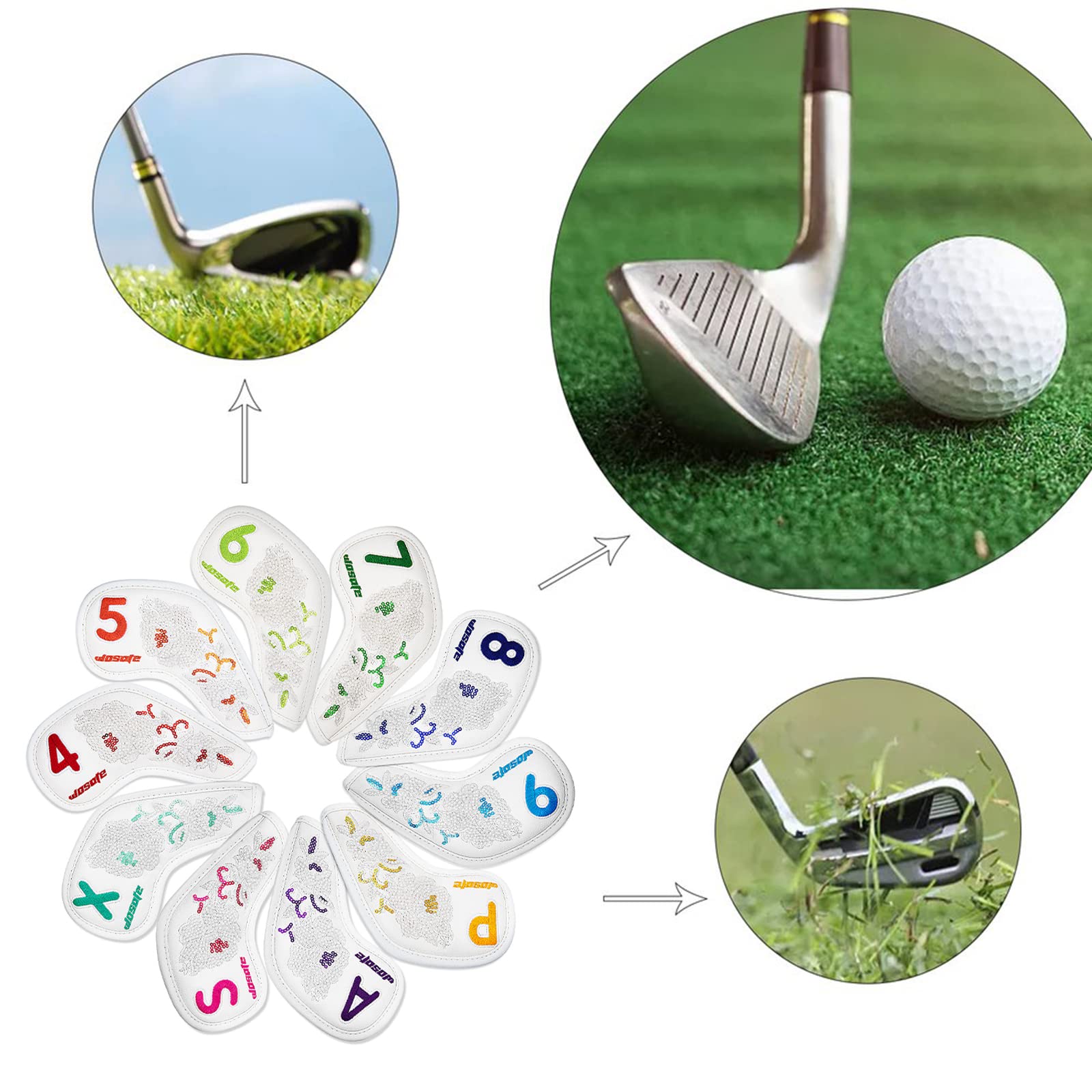 10 Teile/Satz Golf Eisen Headcovers PU Pailletten Stickerei Weiches Plüschfutter Schutzhülle Kopfbedeckung Magic Tape Verschluss Sportzubehör,White
