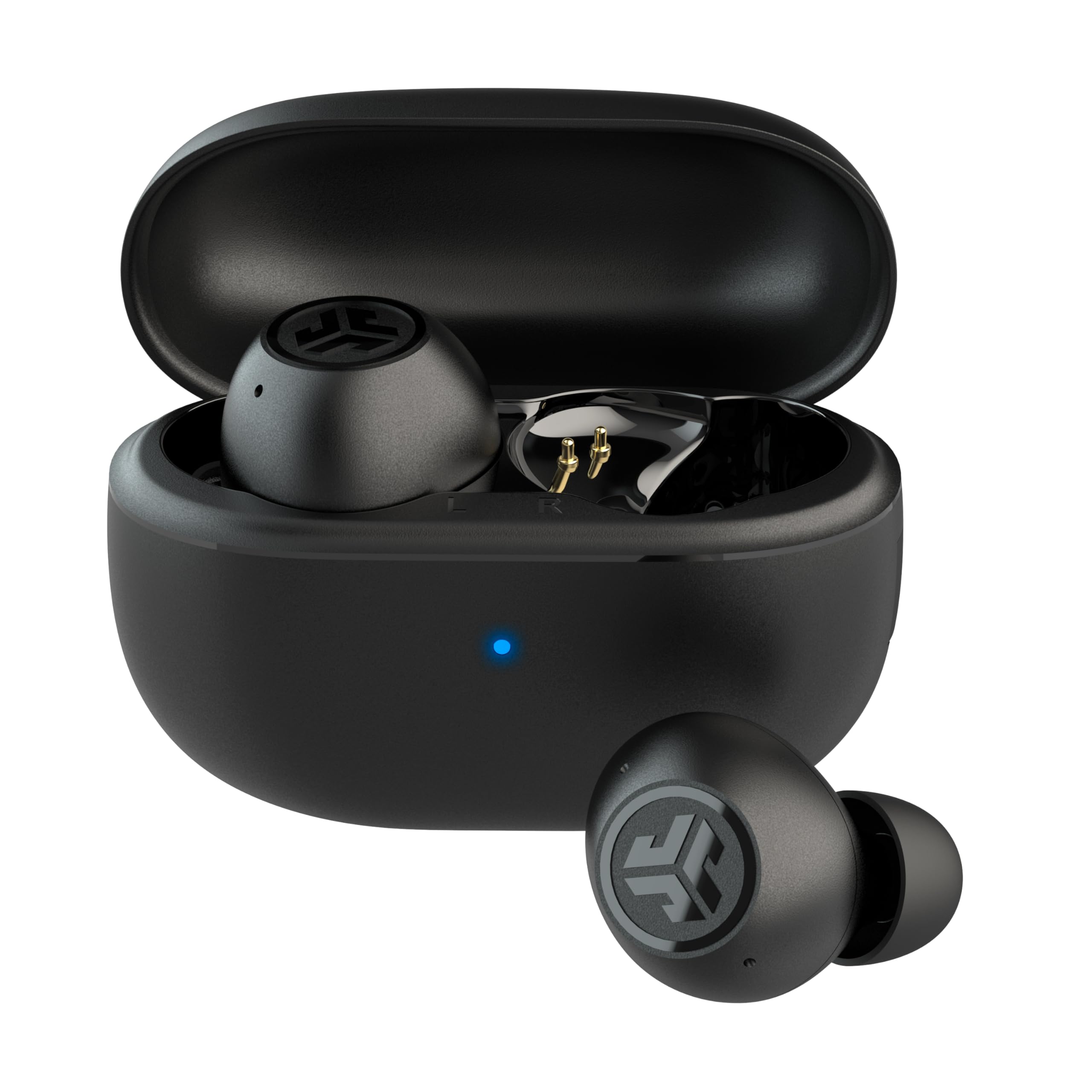 Black earbuds with charging case.