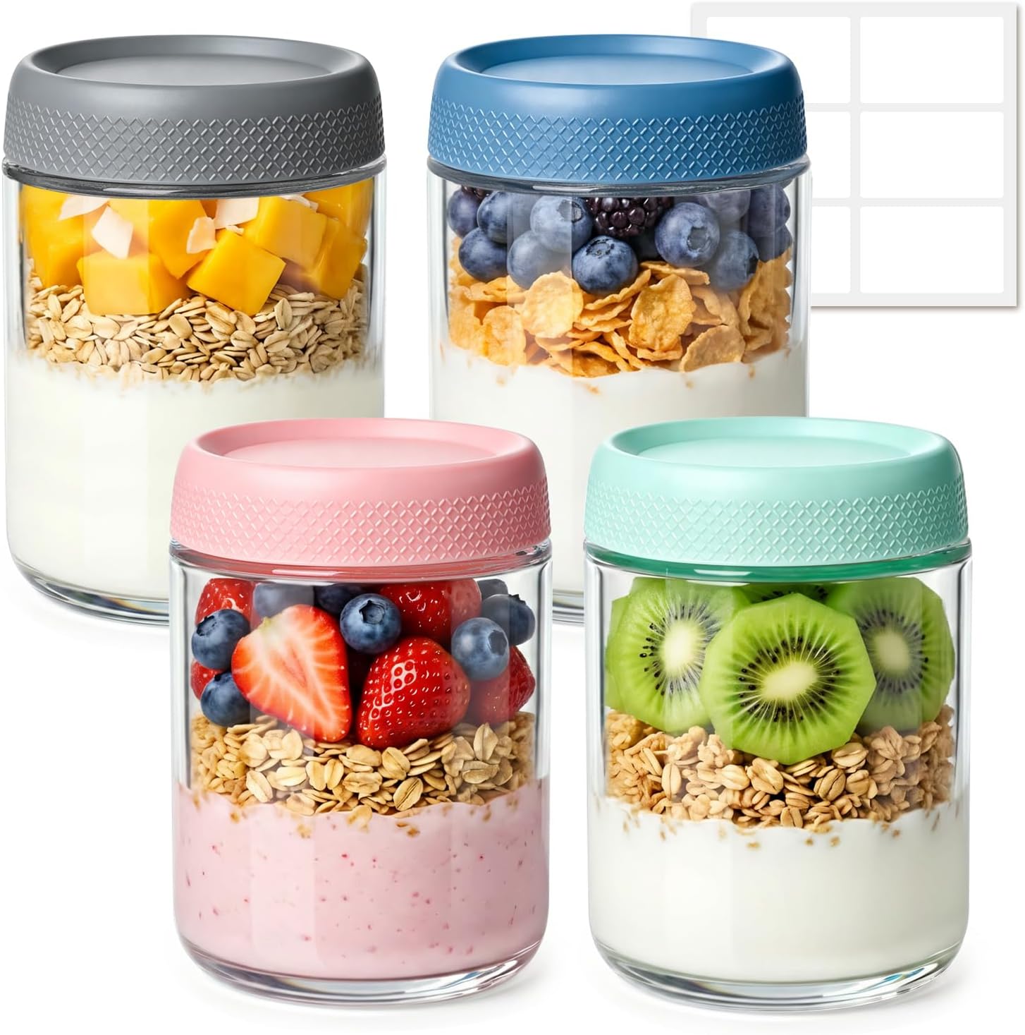 ComSaf Szklane Kubki na Jogurt i Musli 500 ml 4 szt. z Pokrywkami | Śniadanie na wynos, owsianka, granola, owoce, orzechy, porcje do pracy, szkoły, na piknik, w podróż, dla dzieci i dorosłych