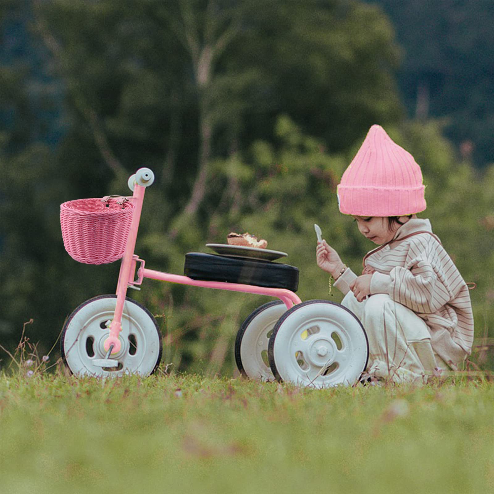 Panier Osier Pomurom Vélo En Osier Pour Enfants Filles Garçon, 12 Pouces Vélo Pour Guidon Avant Tissé à La Main, Accessoires Vélo Pour Enfants, Rangement Avec Sangles En Cuir Réglables Panier Velo