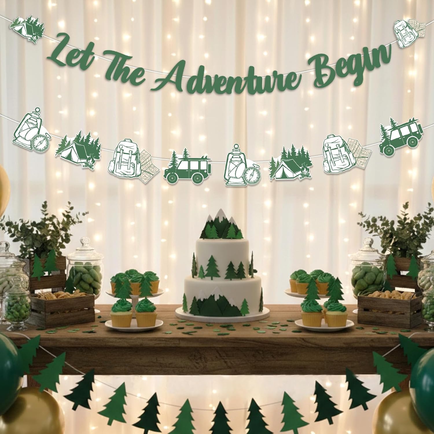 Jollyboom Adventure Awaits Baby Shower Decorations, Camping Let The Adventure Begin Banners for Sage Green Mountain Welcome Baby Party