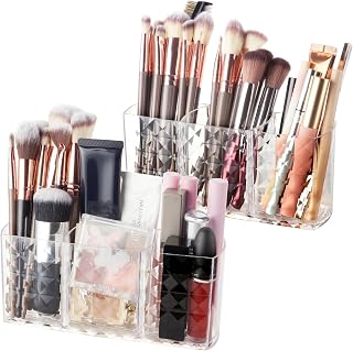 2 Piece Makeup Brush Holder, 3 Compartment Acrylic Makeup Brush Organizer, Clear Crystal Makeup Organizer Box for Eyeliners, Lipstick, Mascara and More Makeup Storage