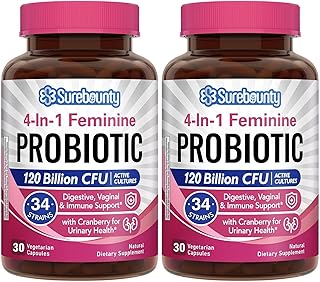Probiotics for Women, 120 Billion CFU 34 Strains, Prebiotics, Digestive Enzymes, Cranberry, 4-in-1 Feminine Probiotic, Digestive, Vaginal, Immune Support, 60ct (Pack of 2)