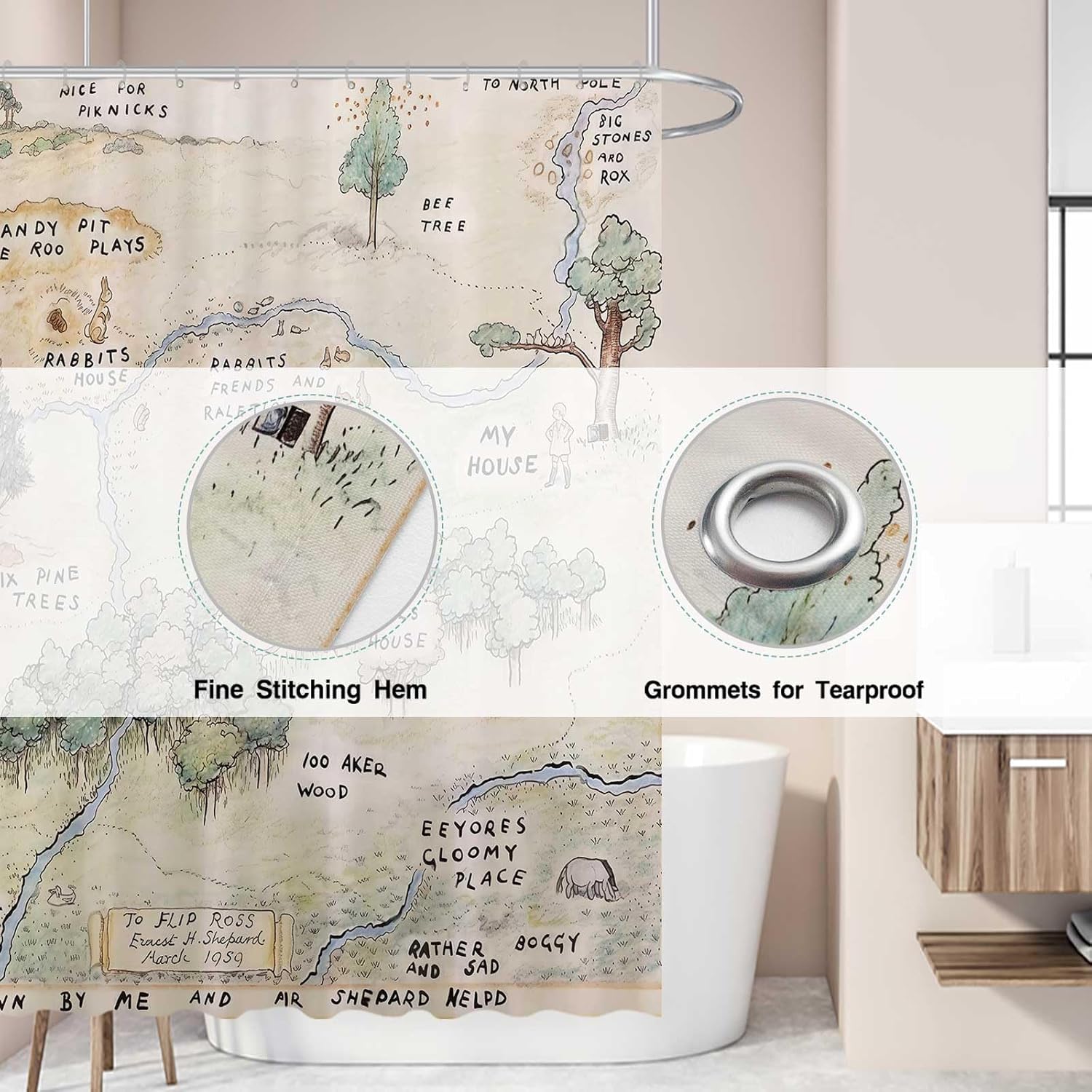 Funnytree Honey-Loving Bear Shower Curtain, Children's Literature Bathroom Decor, Waterproof Fabric Durable Easy Care Washable, 72"X72"(Hooks Not Included) SC00076-002