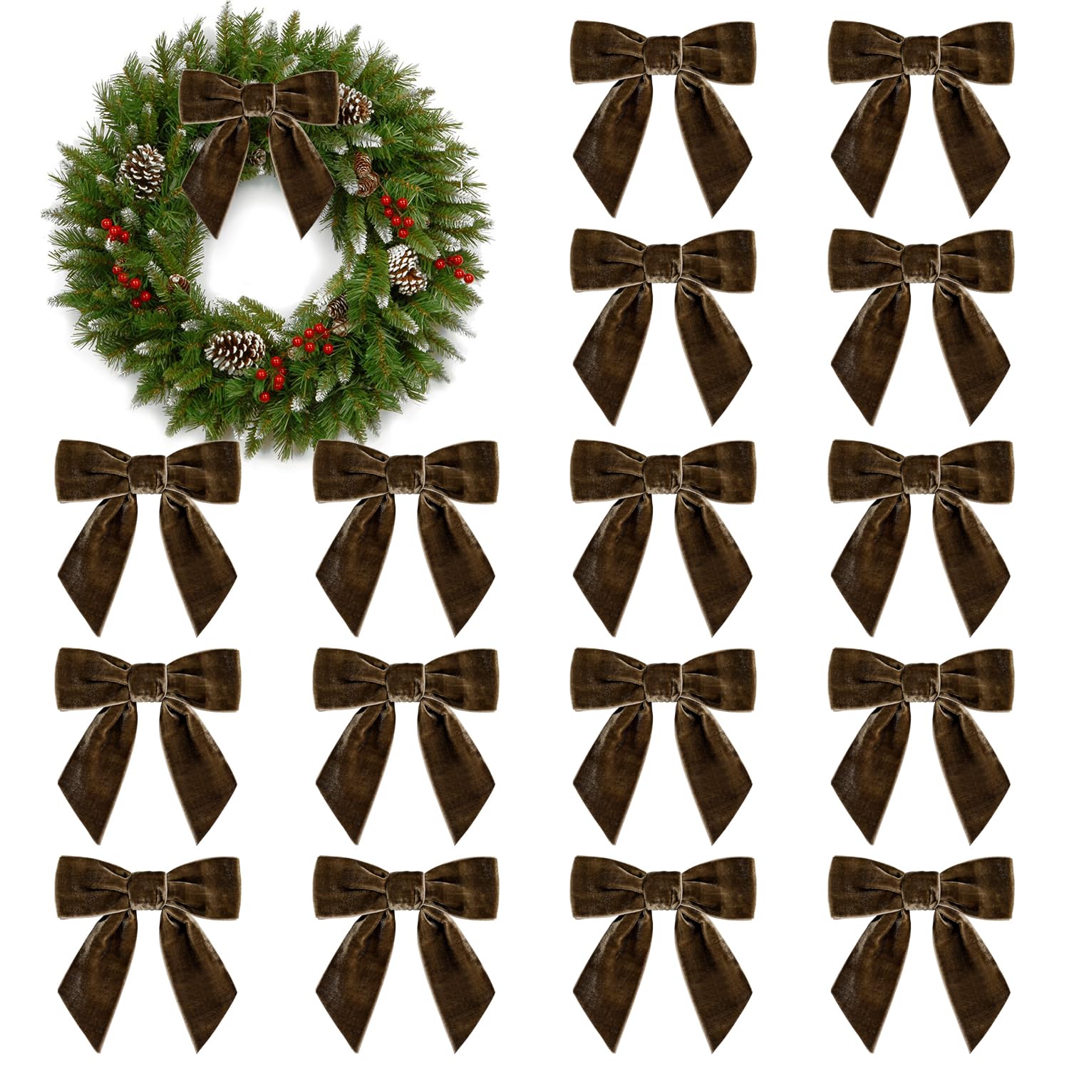 16Pcs Christmas Velvet Bows, 4.3" Vintage Velvet Ribbon Bows for Christmas Tree Garland Wreath Gift Wrapping DIY Crafts Wedding Decor (Brown)