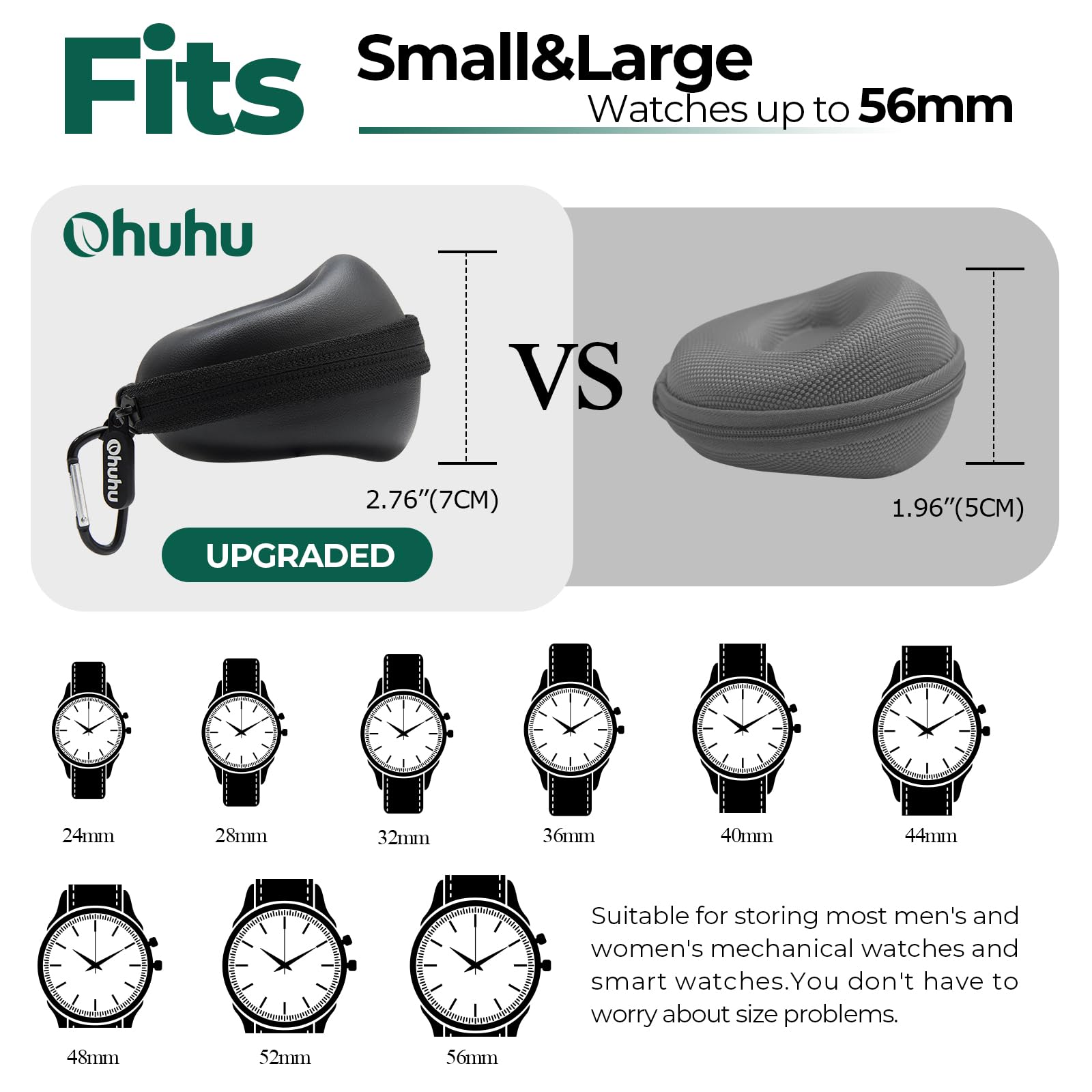 Ohuhu Watch Travel Case for Men Portable Single Watch Box and Storage Organizer for Wristwatches and Smart Watches Heightened Version up to 56mm Men Women for lover Fathers Day