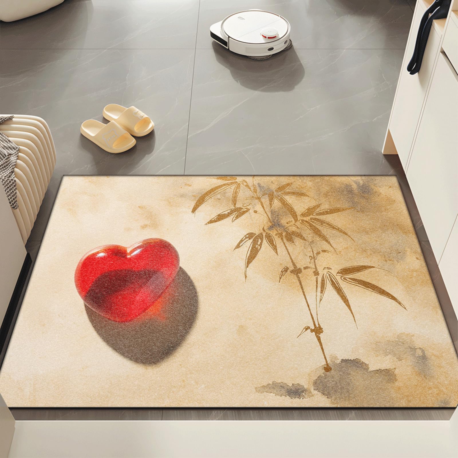 Fussmatte Innen 80x120 cm Beige Bambus Herz Fussmatte Aussen rutschfeste für Hund Eingang Badematte Waschbar Schmutzfangmatte Strapazierfähige und Langlebige Fussmatten Haustür