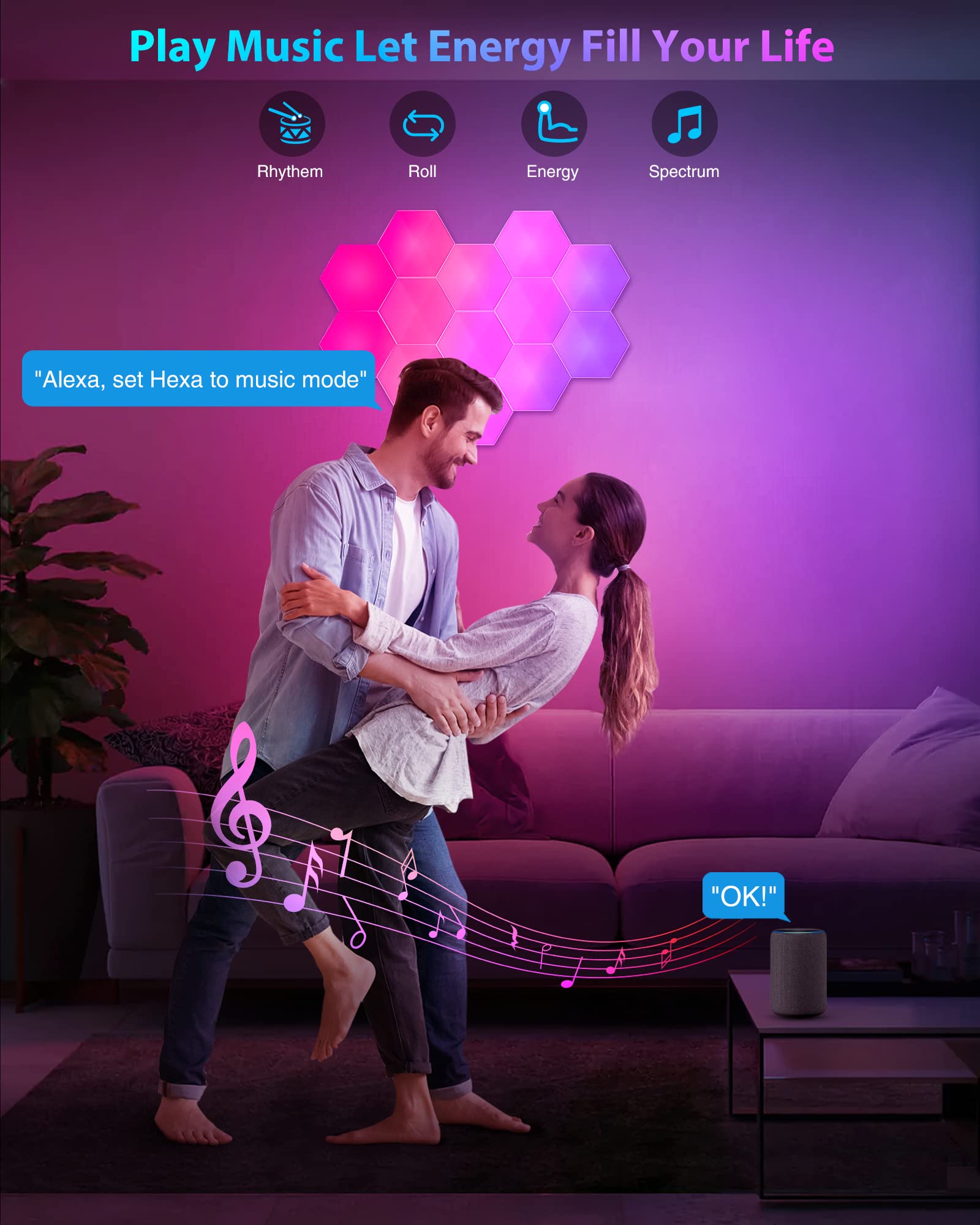 Luz LED Hexagonal, 6pcs Atmósfera de juego Luces de bricolaje Hexagons Starter Kit Control Remoto de APP de Control de Voz Inteligente para la Decoración del Hogar de Configuración de Juegos