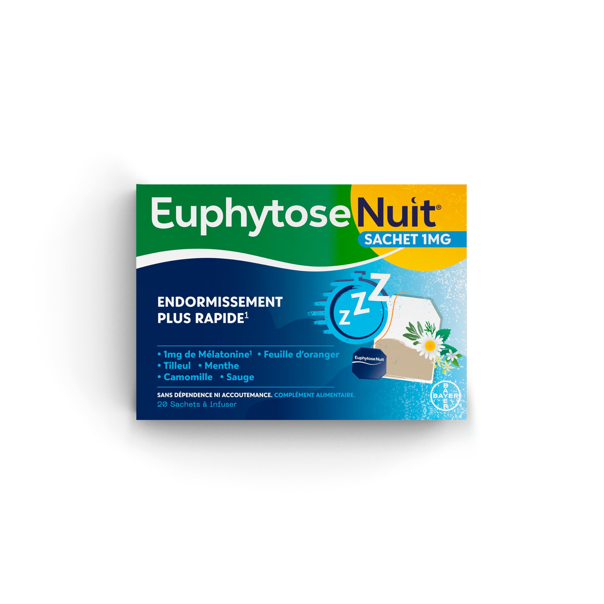EuphytoseNuit Sachet - Complément alimentaire sommeil adulte - Mélatonine 1mg Endormissement rapide - Feuille d'Oranger - 3 Packs de 20 Sachets à infuser - 20 nuits de sommeil - Fabriqué en Europe