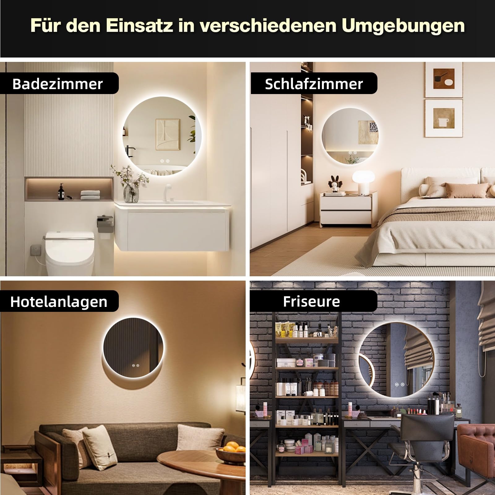 Badezimmerspiegel mit Beleuchtung, 60 cm Runder Badspiegel mit Beleuchtung, 3 Lichtfarben, Dimmbar, Touch-Schalter, Speicherfunktion, Energiesparend, LED Spiegel Bad Wandspiegel mit Licht