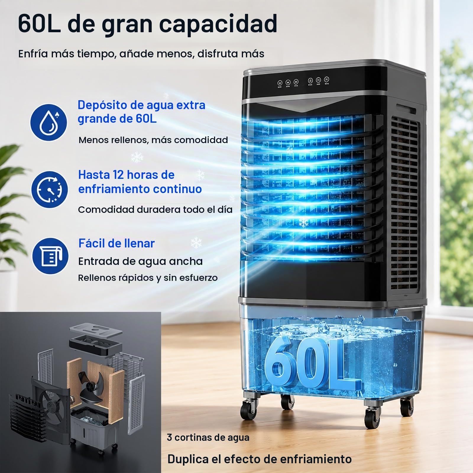 Climatizador Evaporativo Industrial 5500 CFM, Aire Portatil Acondicionado con Depósito de Agua de 60 L, 4 Paquetes Hielo, Control Remoto y Temporizador 8 Horas, Apto para Uso Comercial