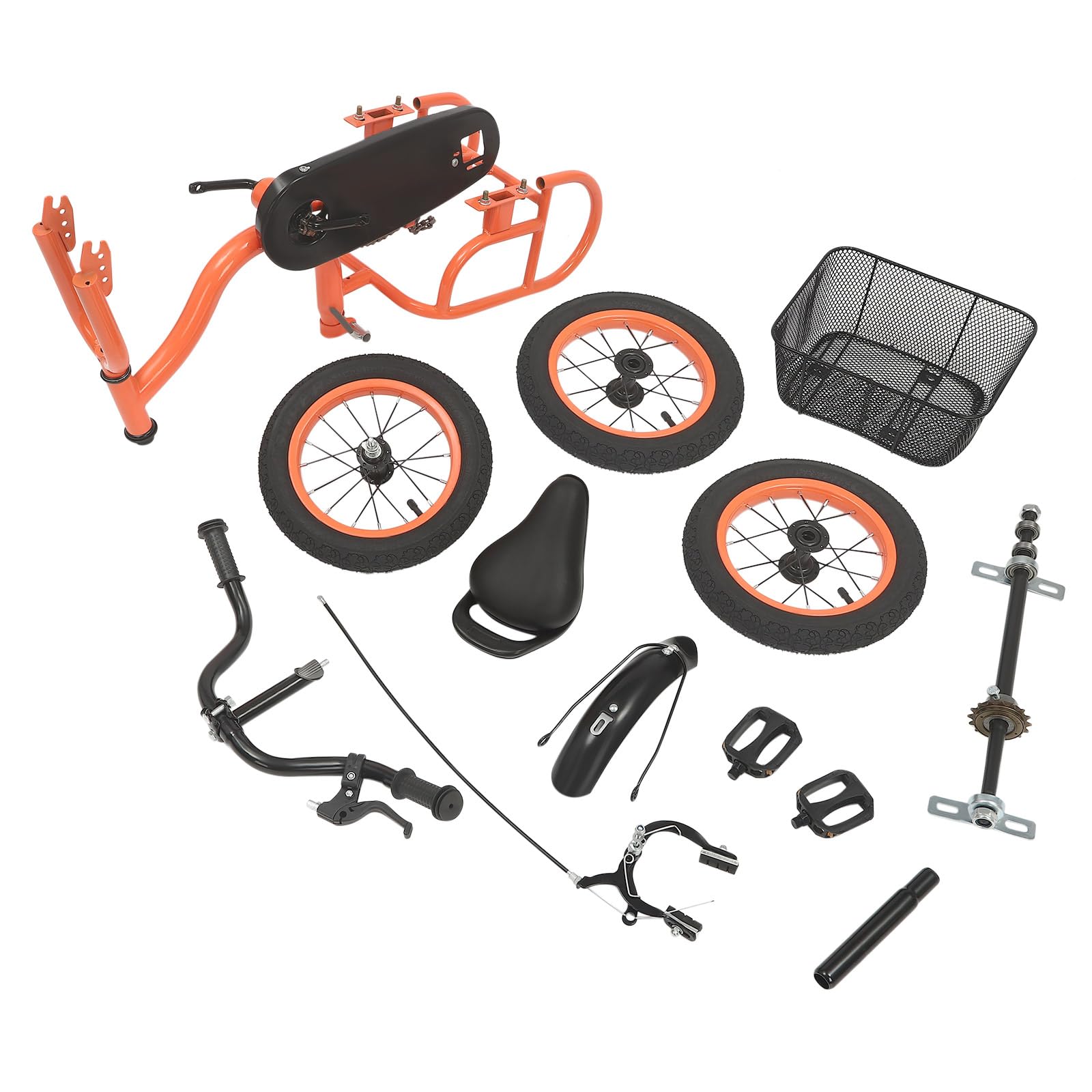 Triciclo infantil de 12 pulgadas, bicicleta infantil con cesta grande, triciclo de altura ajustable, adecuado para niños de 2 a 5 años y una altura de 90 a 115 cm, naranja