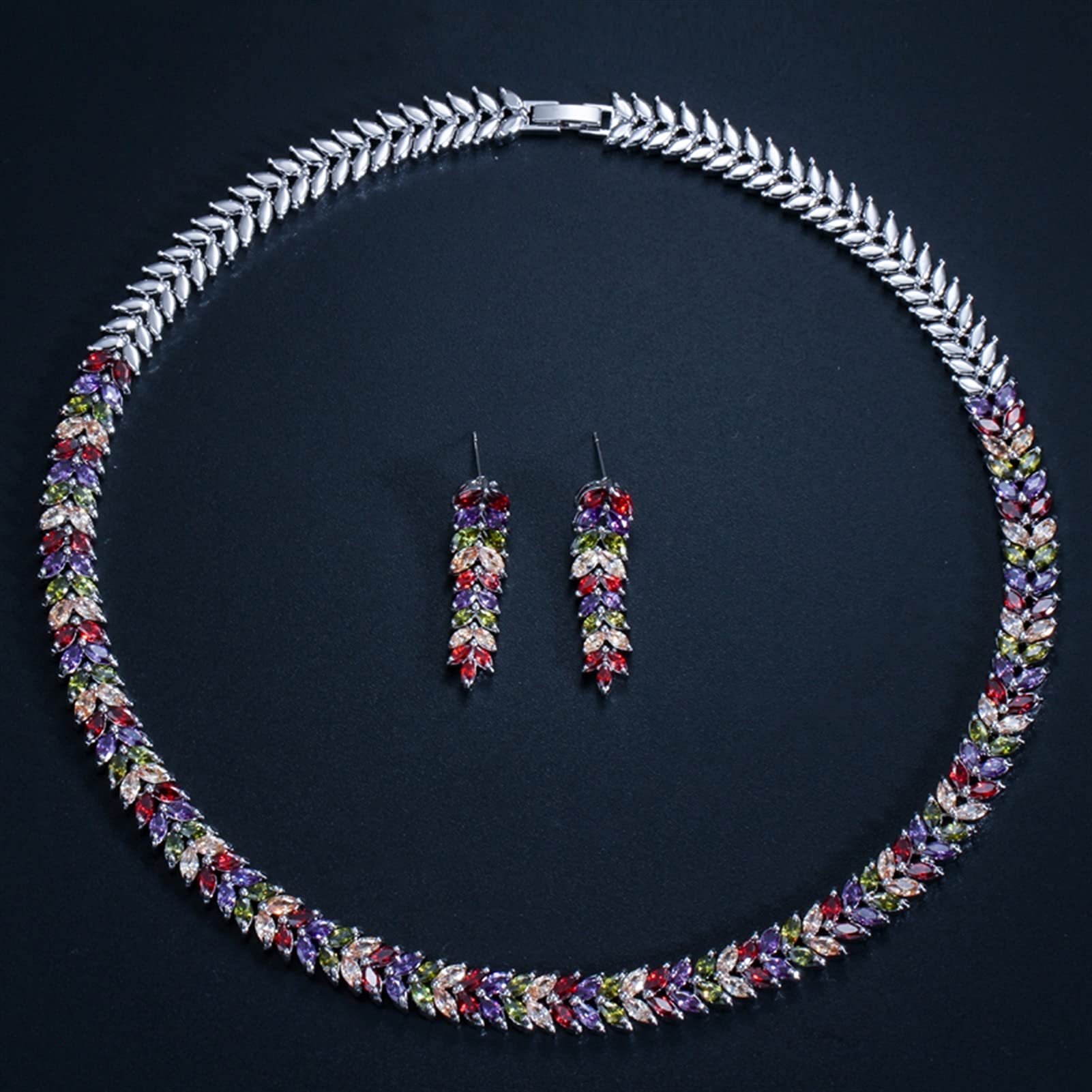 Joyería Multicolor Zirconia cúbica Mujer Gargantilla Nupcial Conjunto de Collar con Pendientes para Novias joyería para Fiesta y Boda