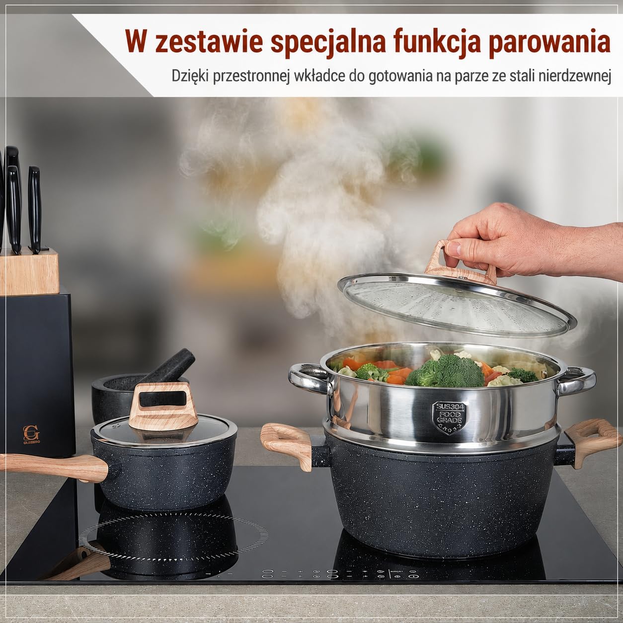 Zestaw Naczyń do Gotowania, 12-częściowy | Garnki i patelnie aluminiowe, Powłoka zapobiegająca przywieraniu, Z garnkami parowymi