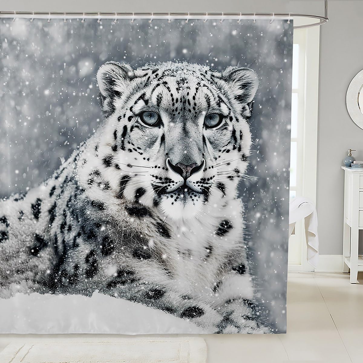 Snow Leopard Shower Curtain Cheetah Wild Animal Print Bath Curtain, Winter White Snow Decor Waterproof Fabric Bathroom Accessories with Hooks for Kids