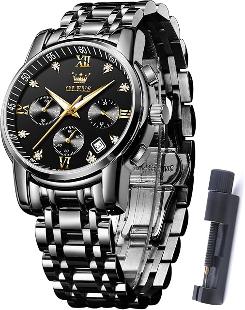 OLEVS Mens Watches Dress Designer Diamond Analog Quartz Stainless Steel Silver Waterproof Metal Date Chronograph Roman Numerals Gent Wrist Watch